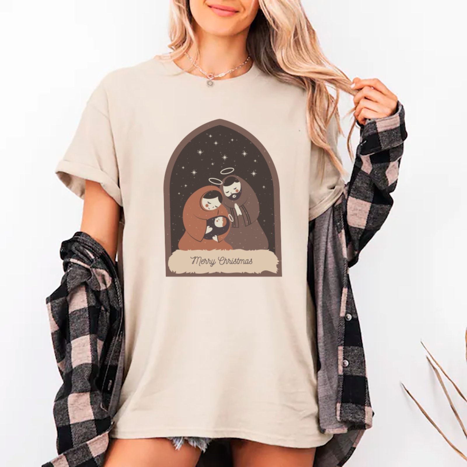 Vista 2 Camiseta Ousy Oversized Natal Presépio Natalino Merry Christmas Unissex Off White off-white white ousy off-white white