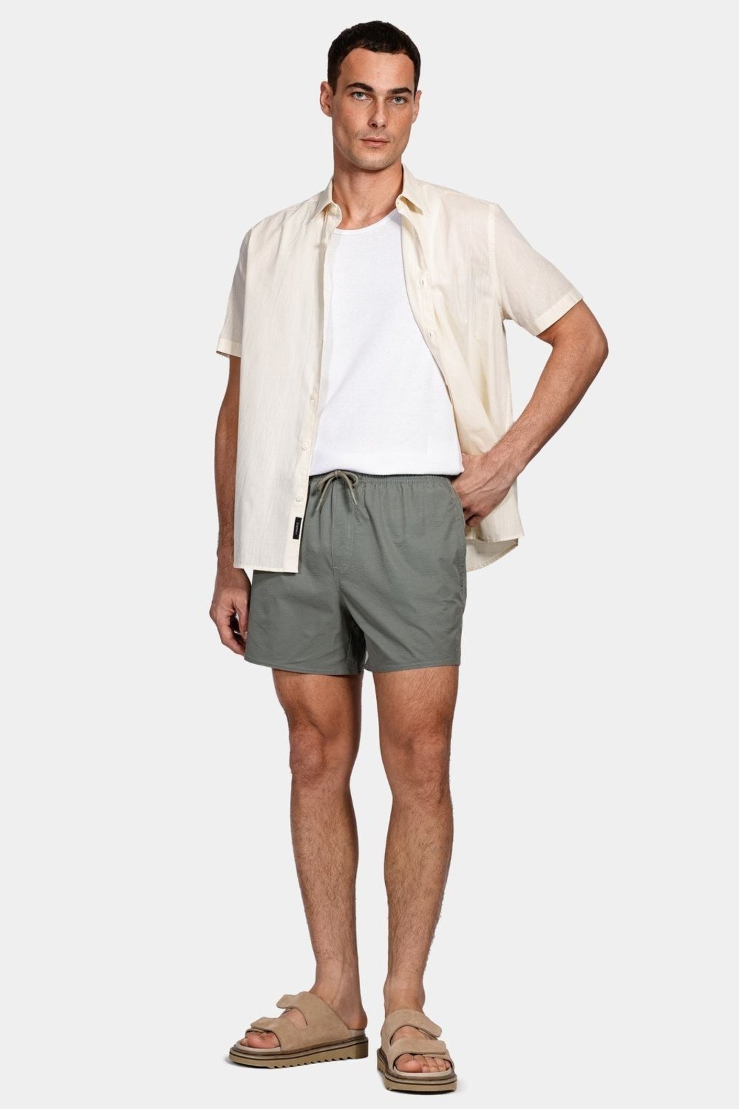 Vista 3 Shorts Aramis de Elástico Liso Maquinetado Verde Folha Seca incolor verde Aramis incolor verde