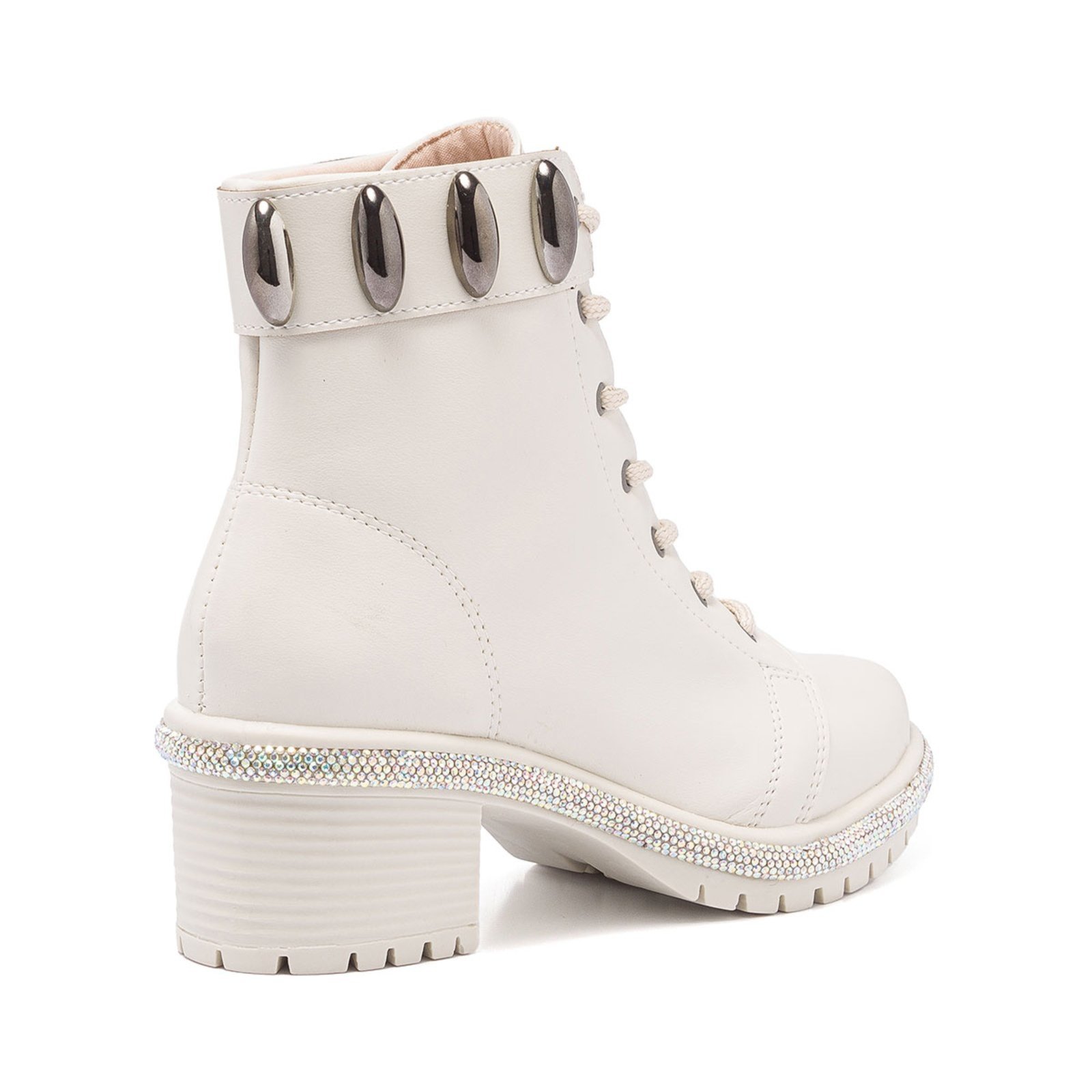 Bota Coturno Feminino Stessy Shoes Cano Baixo Strass Tratorada Lesma Moda Off White