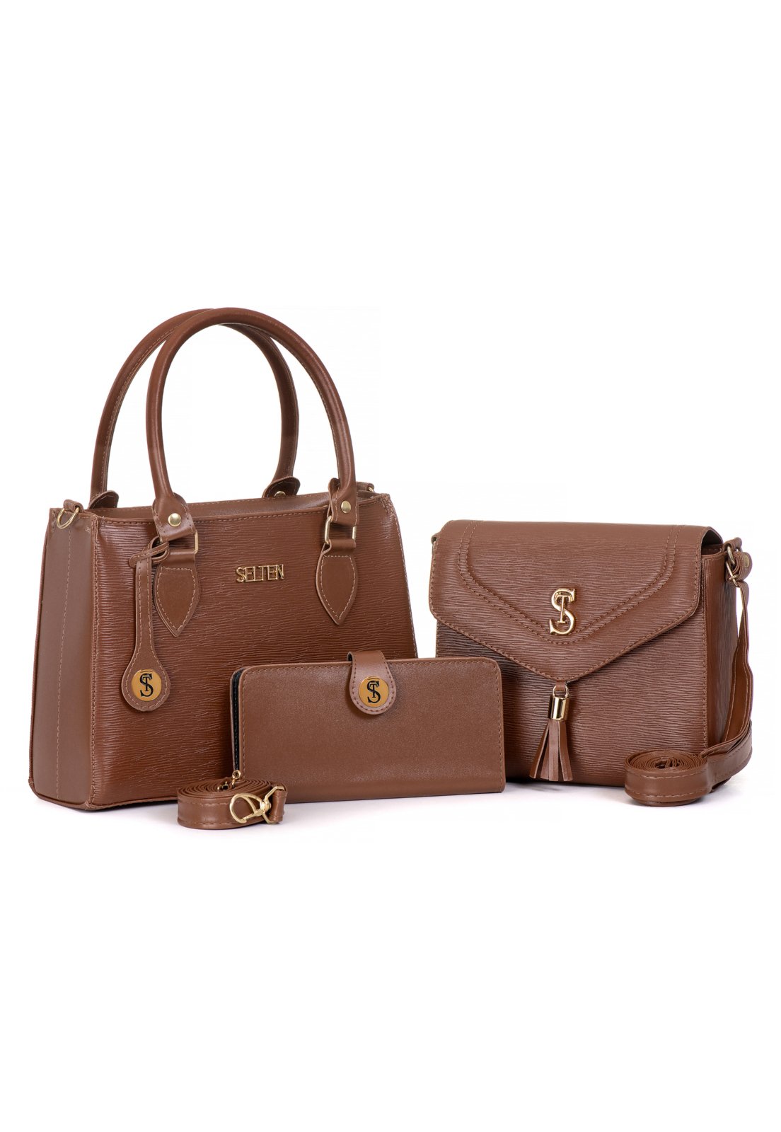 Kit Bolsa Feminina Alça Lateral e Transversal + Bolsa Média Tampa E Carteira Marrom Selten