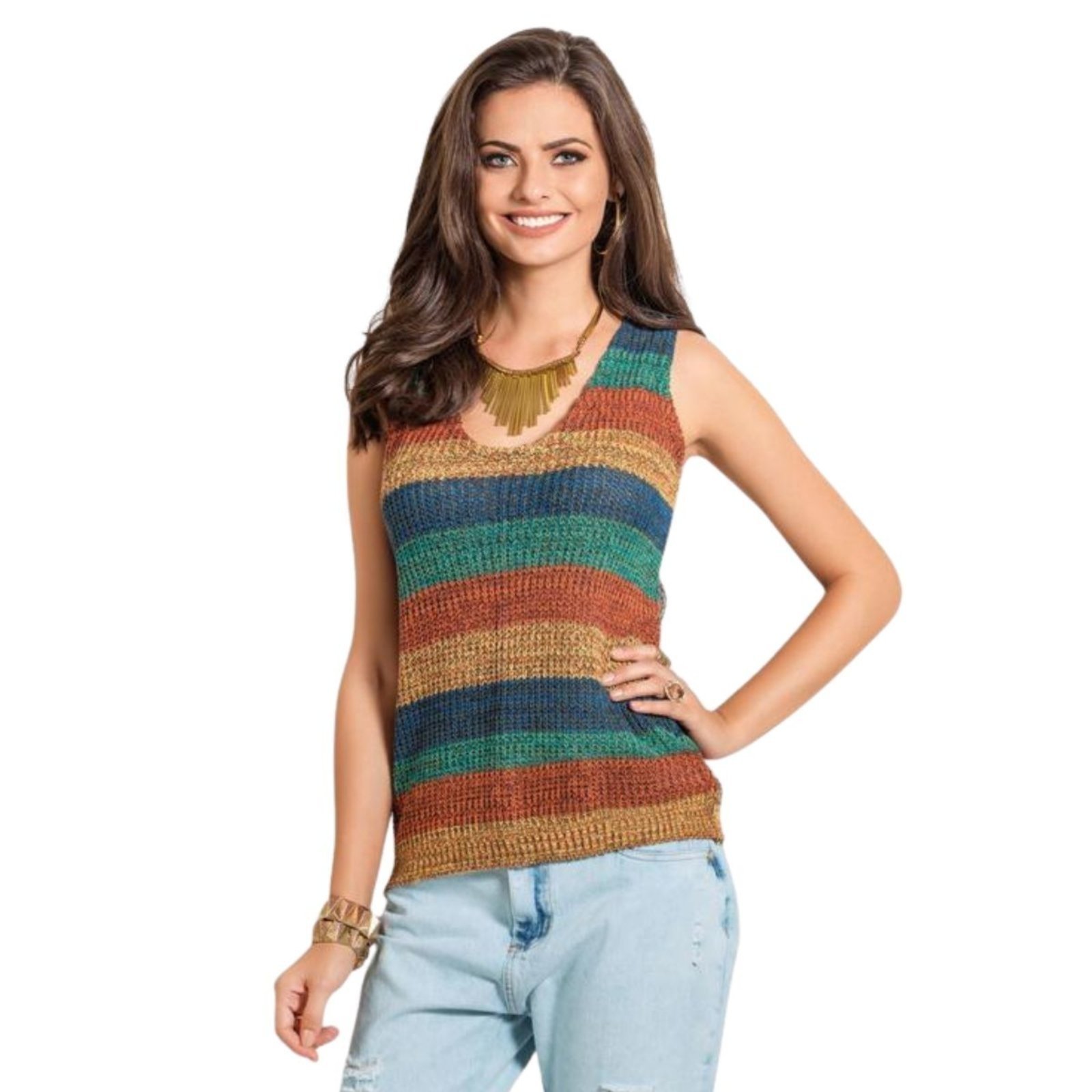 Regata Listrada FMF em Tricô Feminina Moda Casual Estilo e Conforto Verde