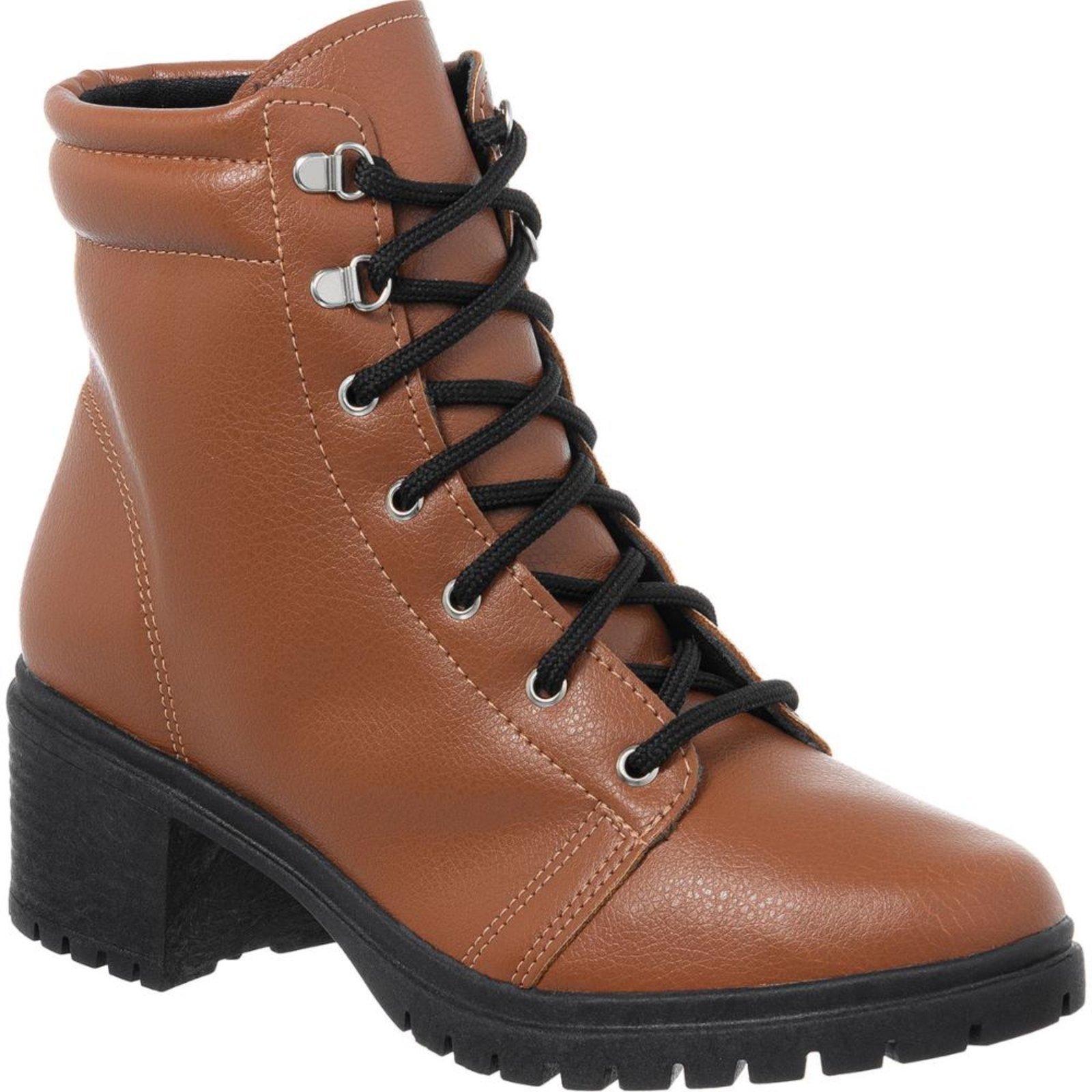 Bota Coturno Feminina Cano Baixo Salto Tratorada Confortável Caramelo