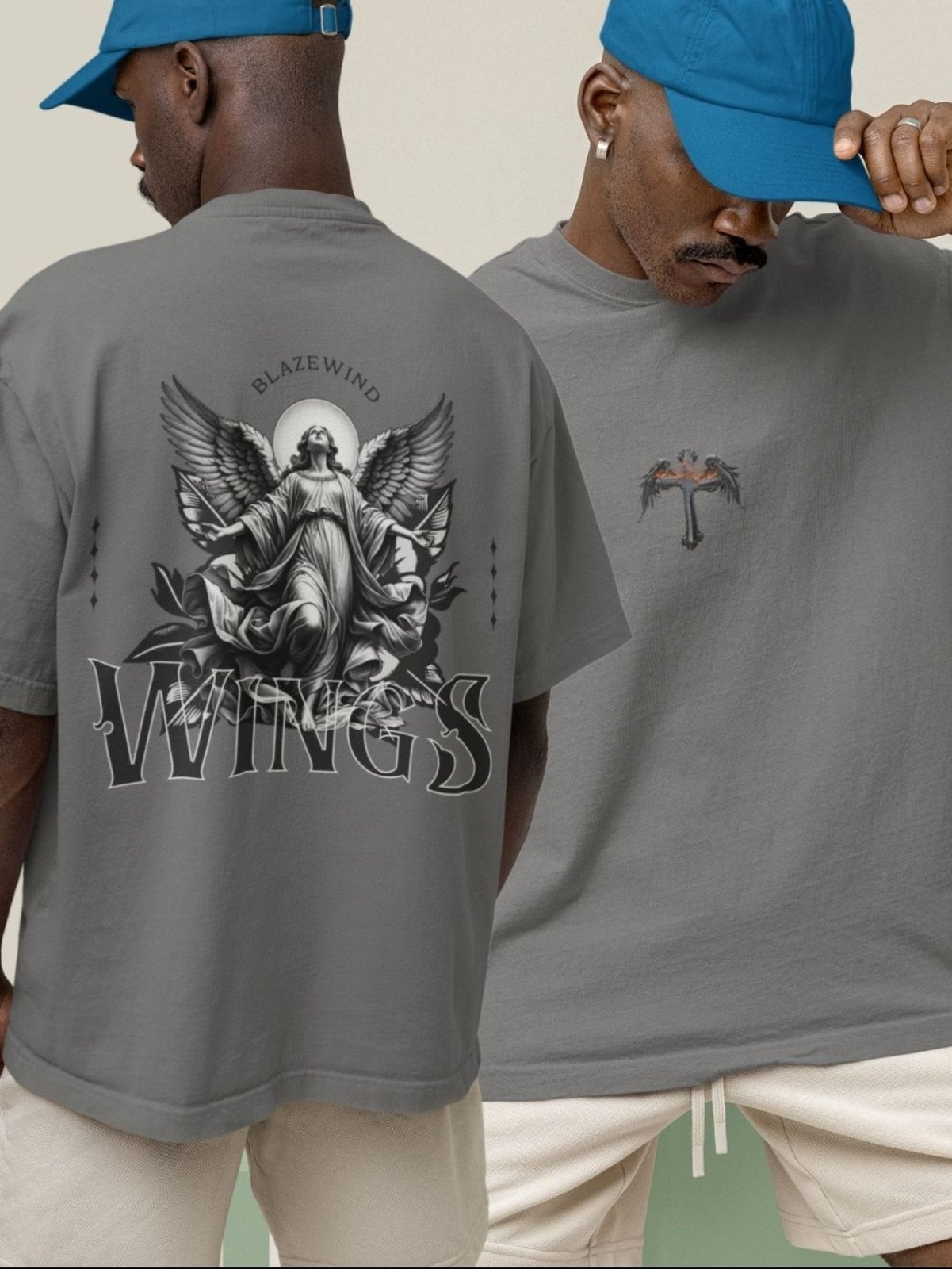 Vista 2 Camiseta Masculina GuGi Escultura Anjo Wings Chumbo cinza Gugi cinza