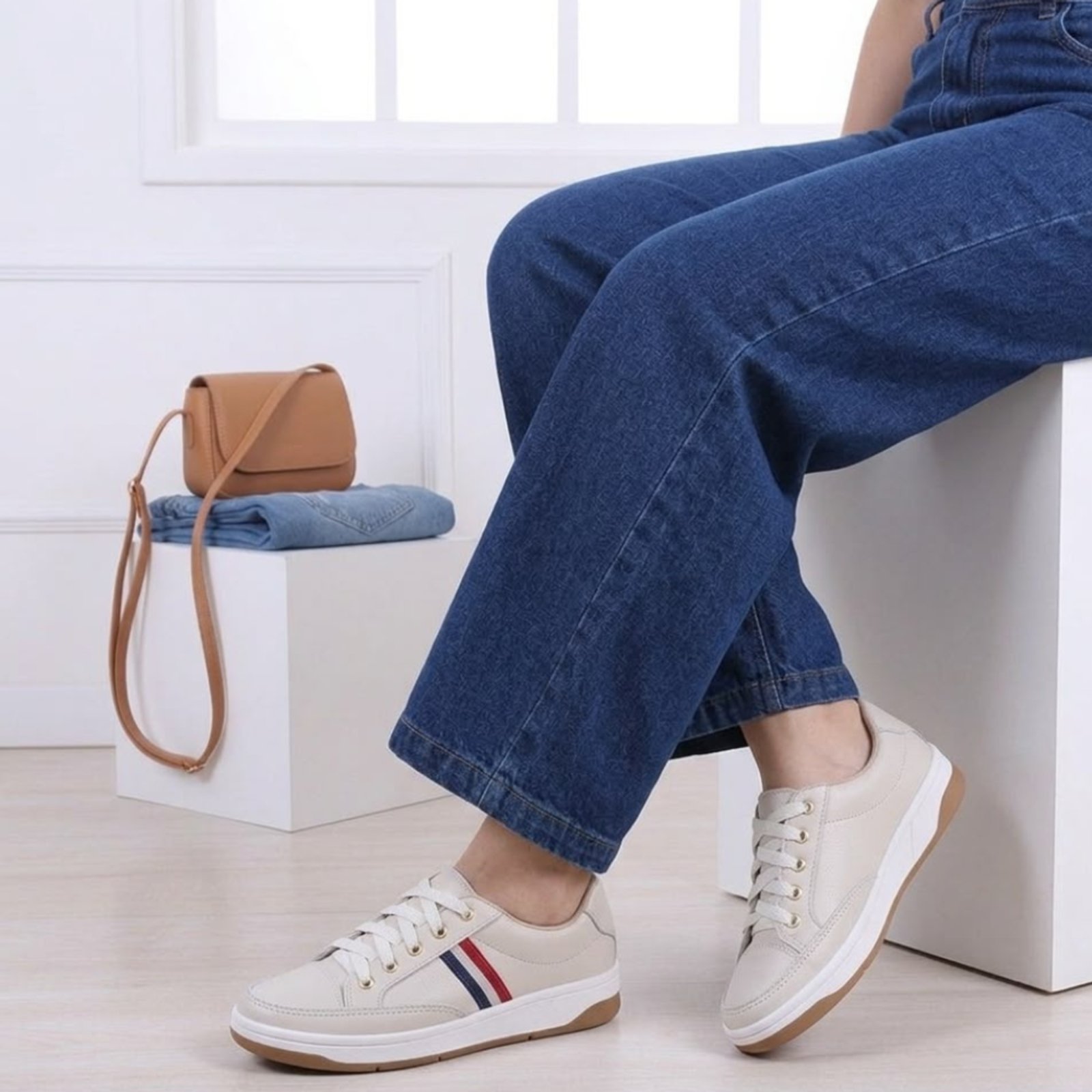Tênis Feminino Em Couro Casual Bege Off White Detalhe Lateral Listra