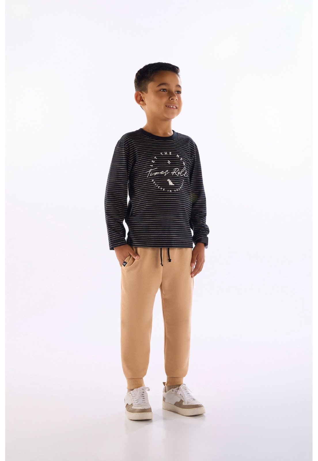 Infantil - Conjunto Camiseta Listrada Calça Quimby Branco