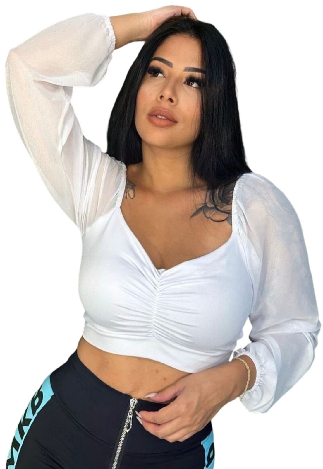 Vista 3 Cropped Summer Body Juliette Manga Longa Bufante Tule Blusinha Tendencia branco Summer Body branco