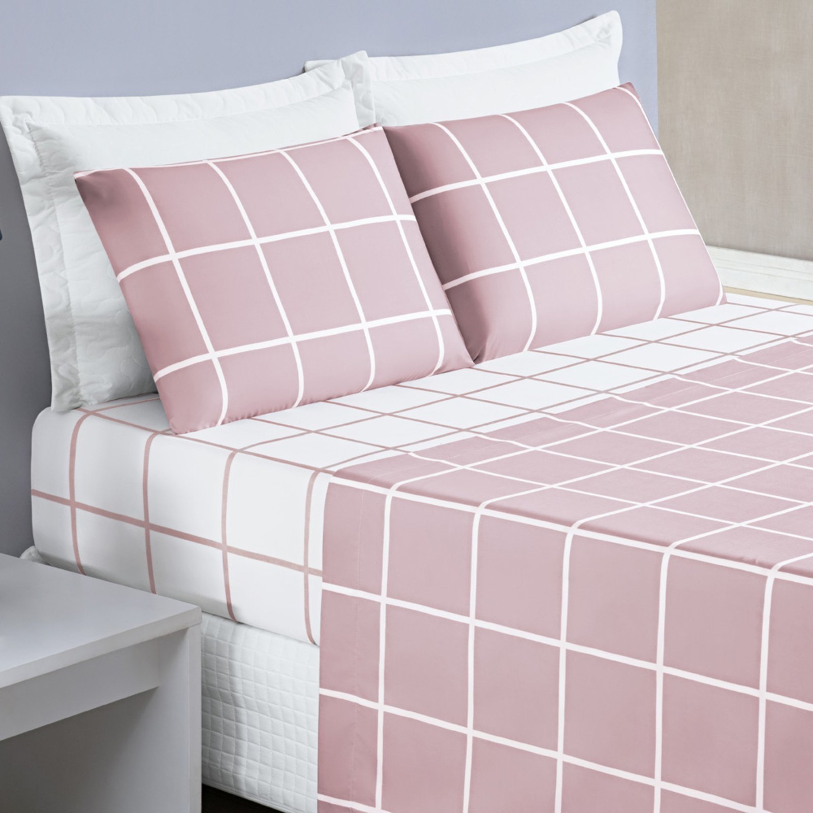 Jogo Cama Lençol Casa Scarpa Brooklyn Casal Quadriculado Micropercal 200 Fios 4 Peças - Rosa