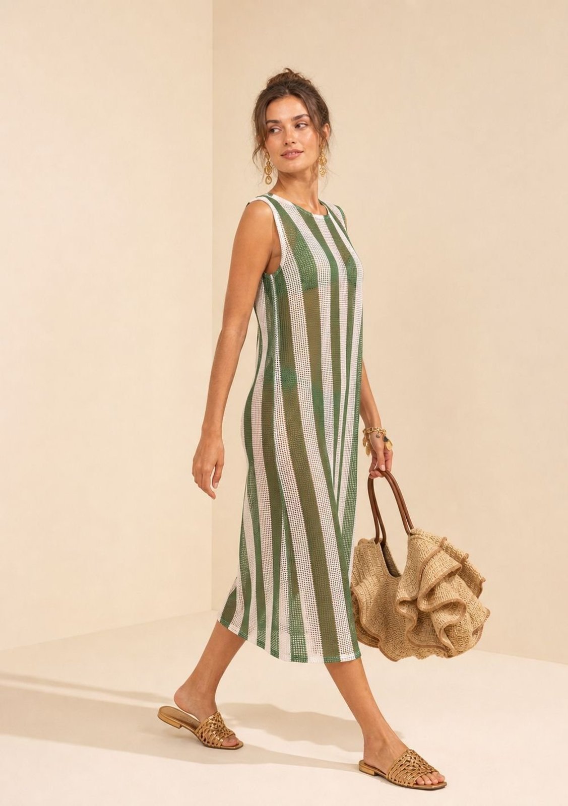 Vestido Morena Rosa Solto Decote Careca Sem Manga Midi - Verde