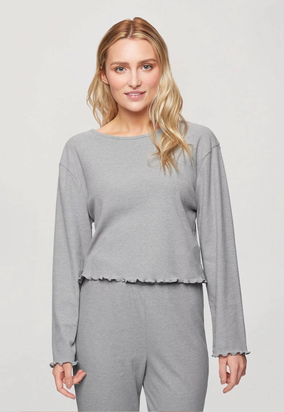 Pijama longo Feminino Canelado Linha Noite Ribana Cinza