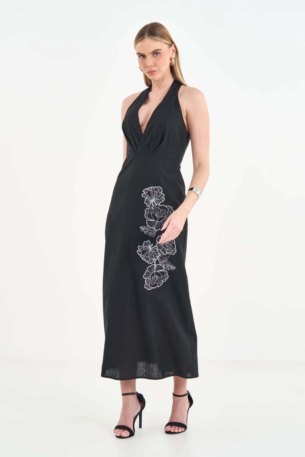 Vestido Longo Linho Bordado Rosas ACT Feminino