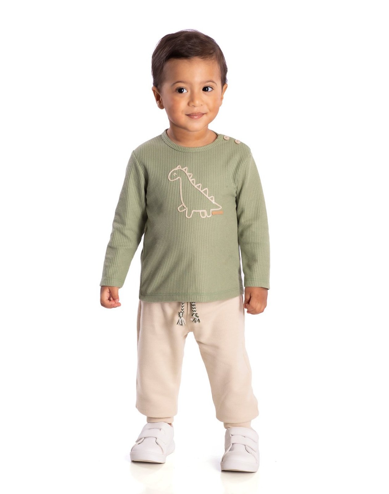 Infantil - Conj. camiseta manga longa texturizada verde dinossauro + calça moletinho bege