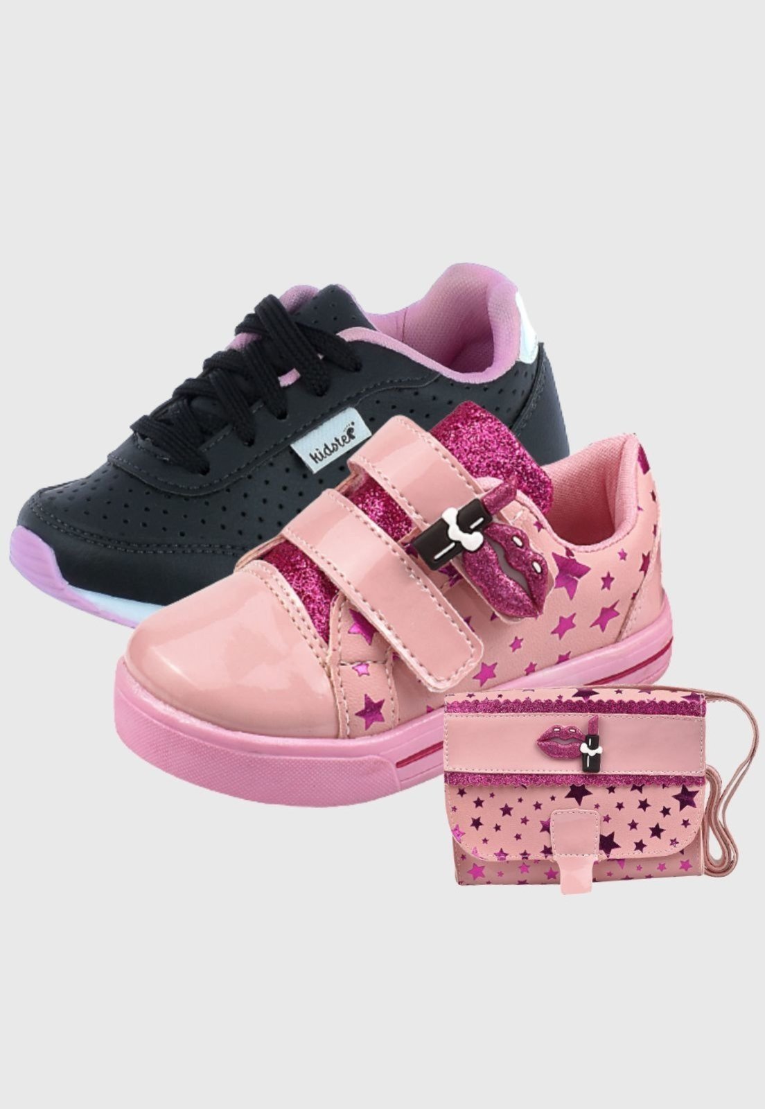 Infantil – Kit 2 Pares Tênis Feminino com Bolsa e Escolar Preto Rosa