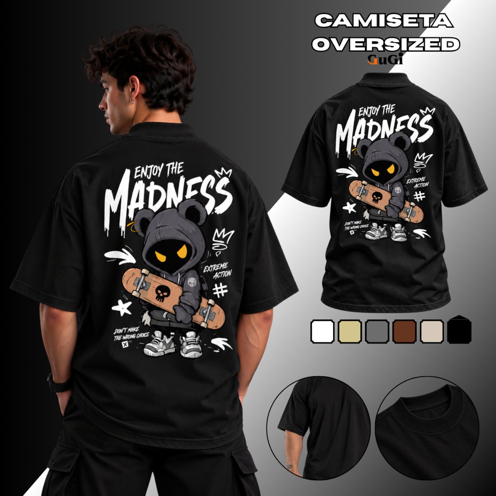 Camiseta Masculina Oversized Madness Skate 100% Algodão 30.1 Preto