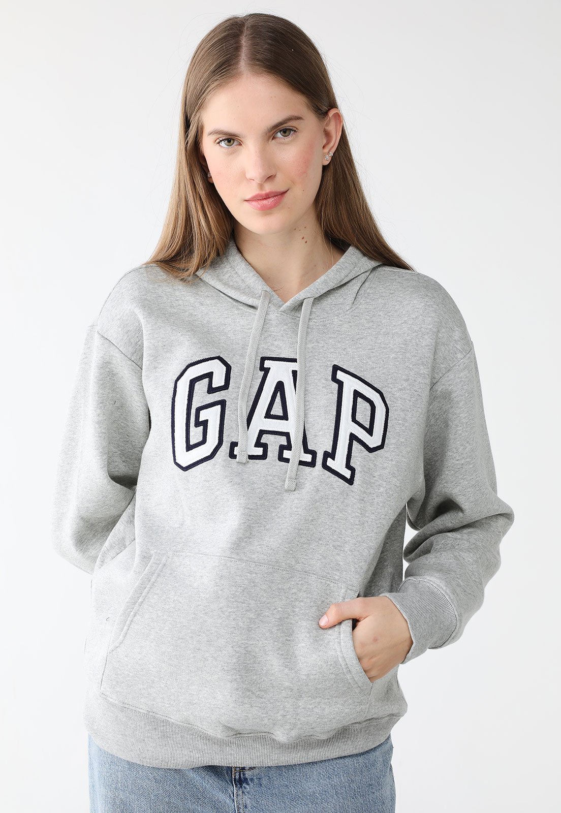 Blusa de Moletom com Capuz Flanelada Fechada GAP Logo Bordado Cinza