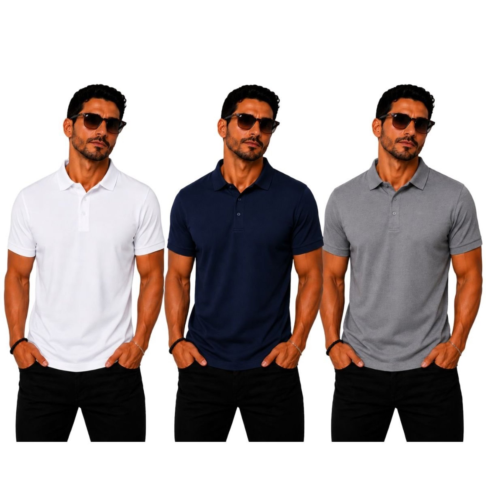 Kit 3 Camisas Polo Poliamida Masculina Básica Premium Multicolorido