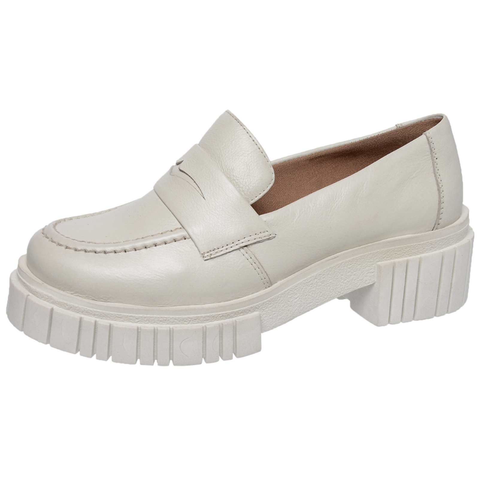 Sapato Feminino Mocassim Conforto Em Couro Off White Sola Plataforma
