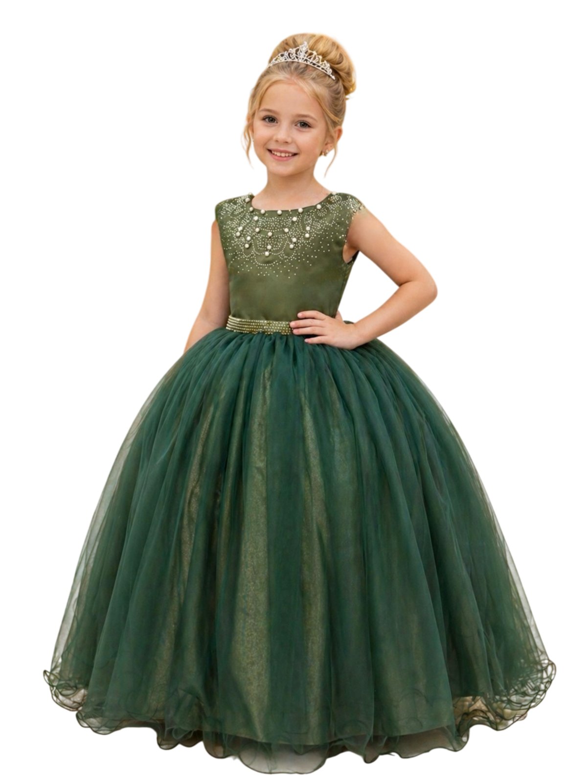 Infantil - Vestido Longo Verde Oliva Formatura Casamento Dama Daminha Social Menina Juvenil Festa Pérolas Juvenil Princesa Rodado Florista Aniversário Luxo