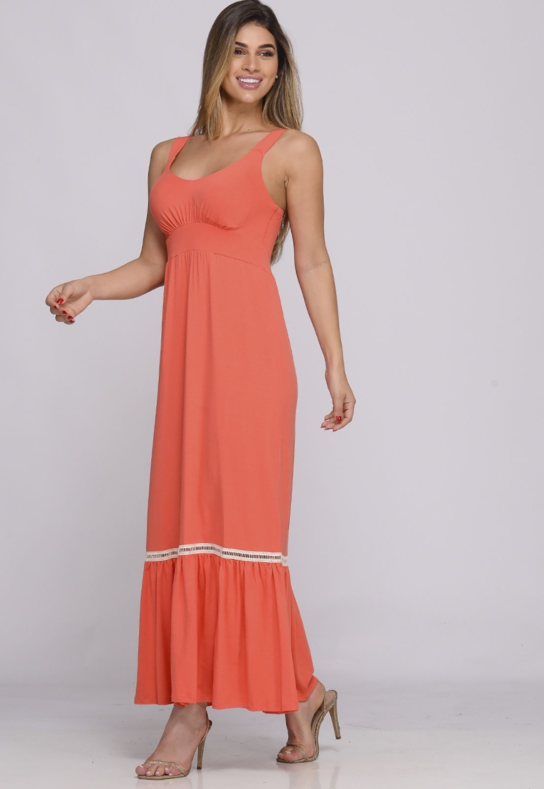 Vista 3 Vestido Longo Alça Barra Guipir com Bojo B’Bonnie Sarah BBonnie coral BBonnie coral