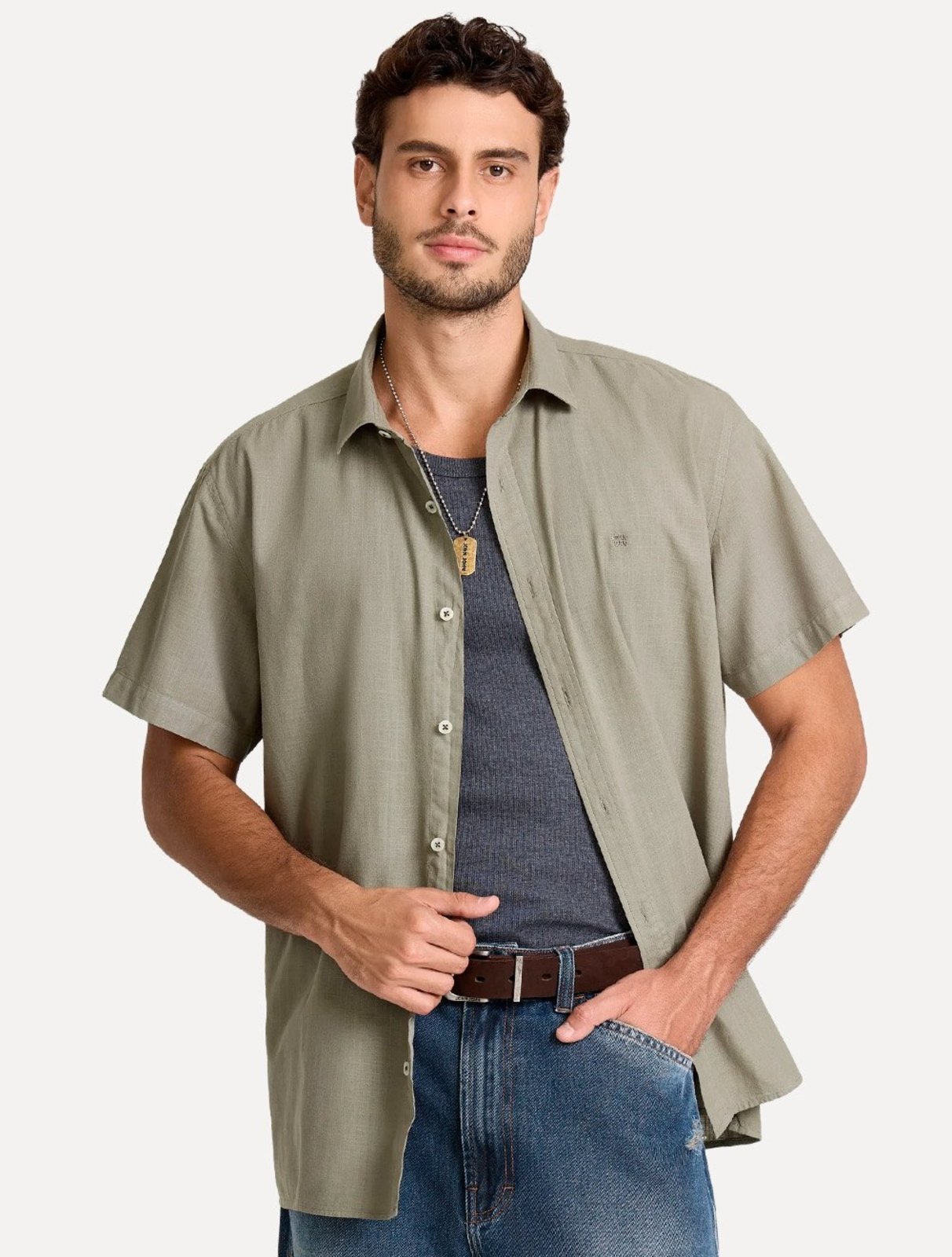 Camisa John John Masculina Relaxed Manga Curta Cotton Verde Claro
