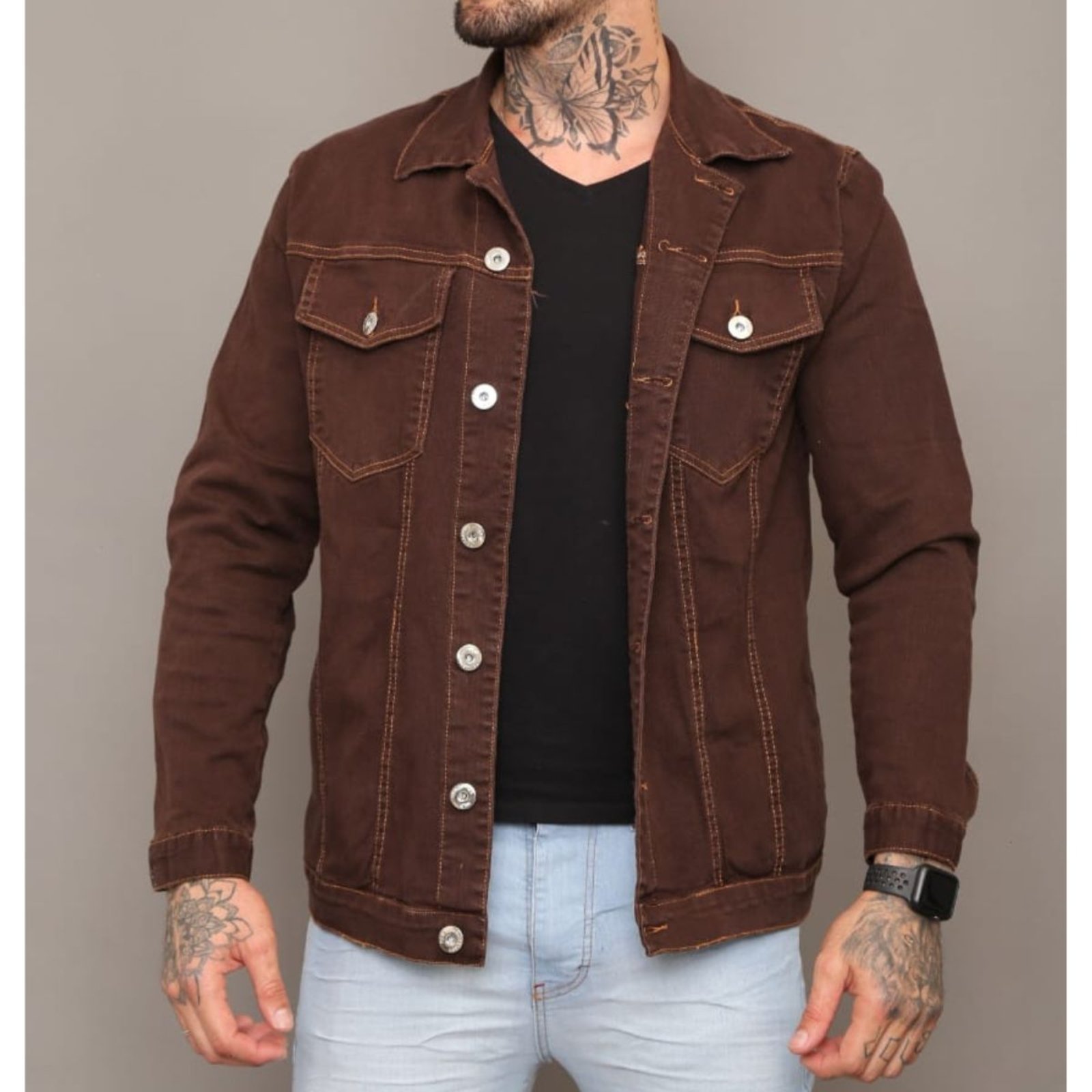Jaqueta Masculina Marrom com Costura Clara Alleppo Jeans Pattaya