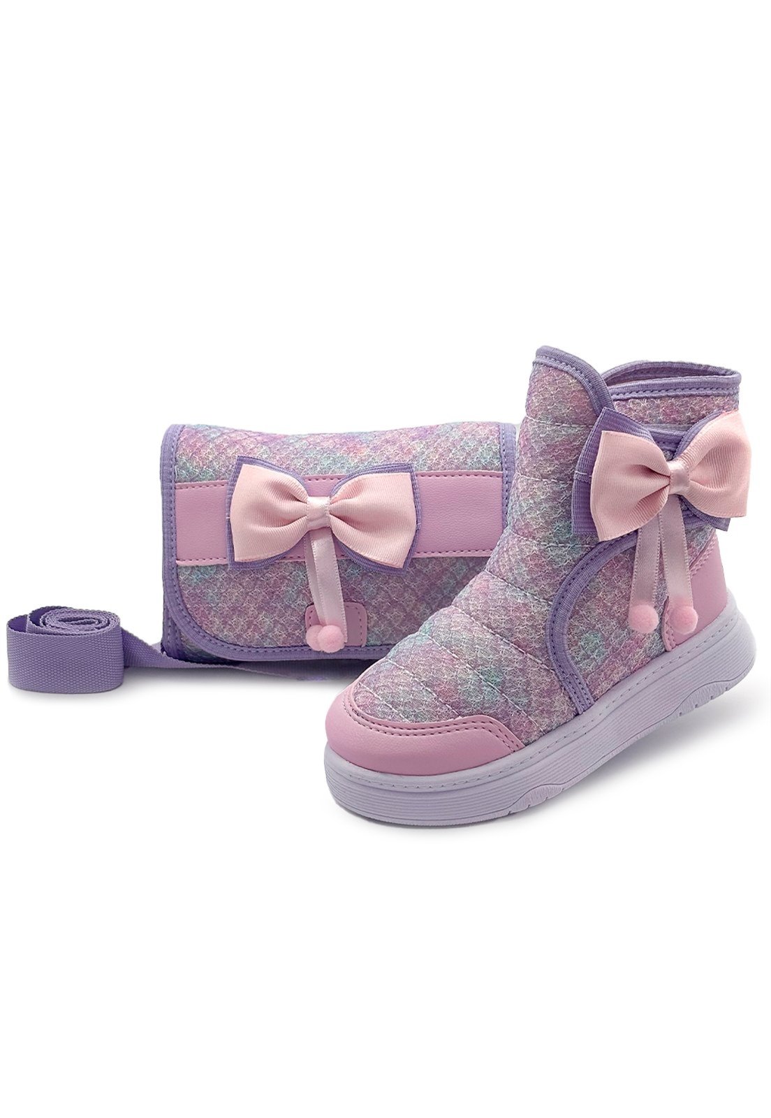 Infantil – Kit Bota Menina Com Bolsa Cano Alto Feminina Rosa/Brilho Mzkid