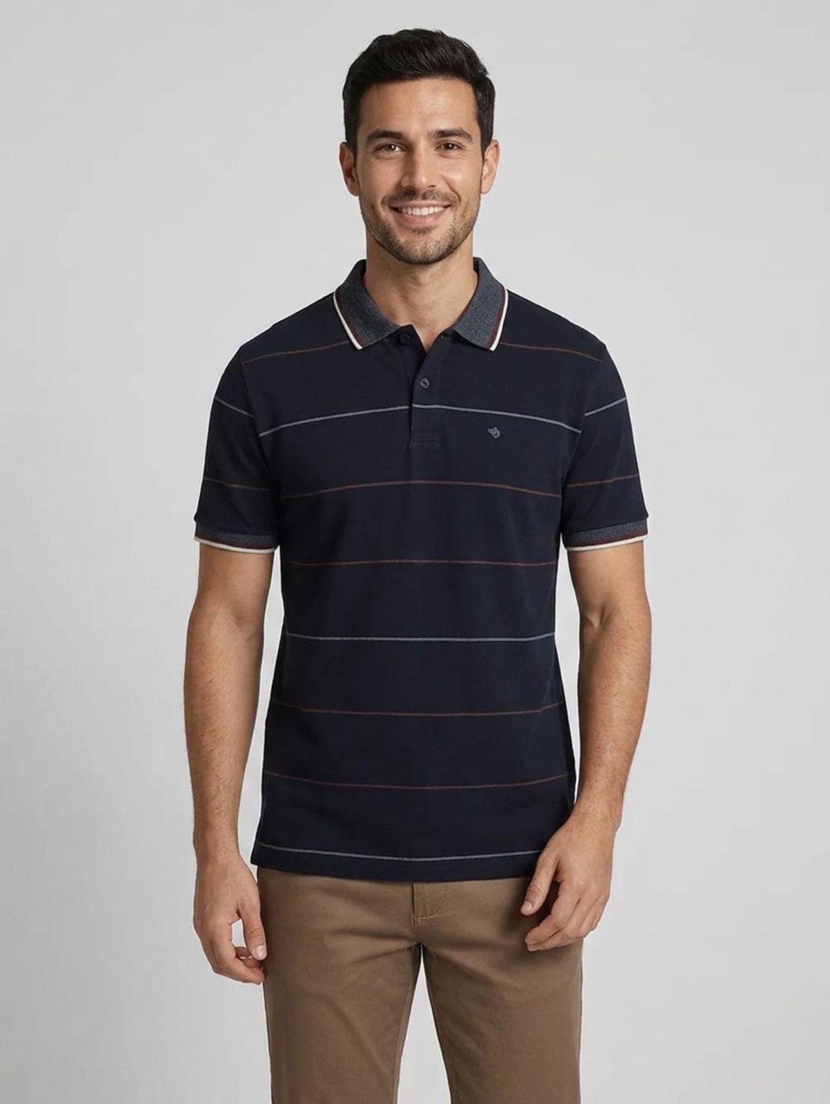 Polo Manga Curta Piquet Listrada Masculina MARINHO