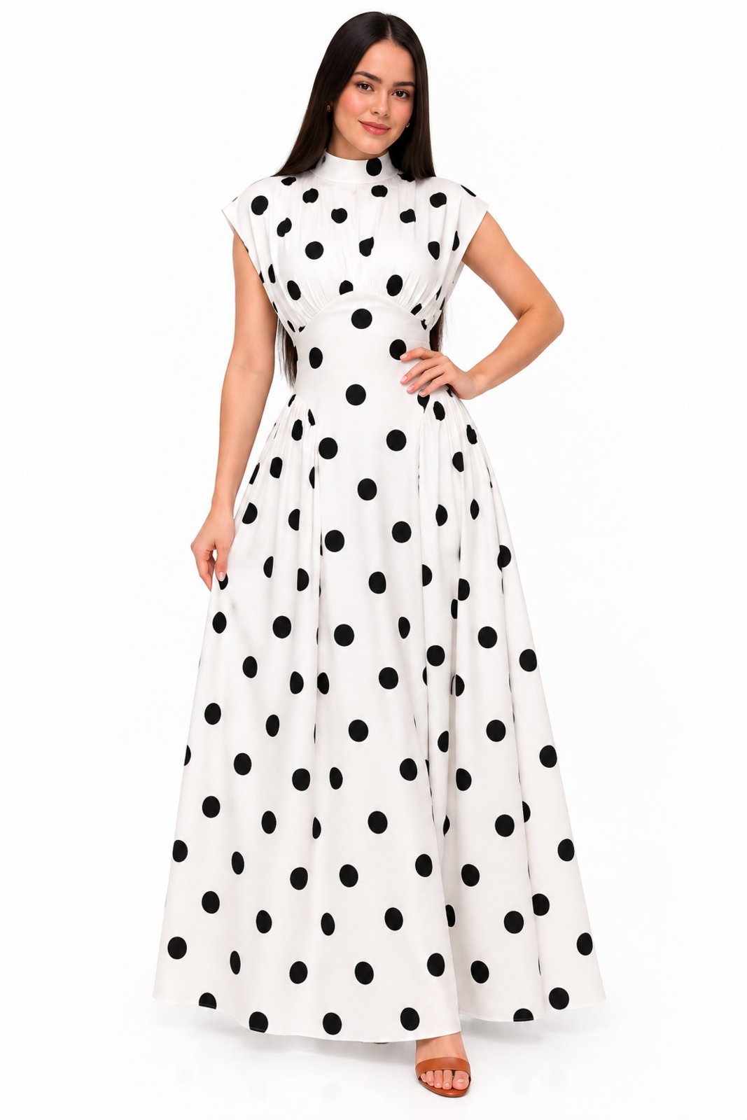Vestido Longo D Bell Outlet Fashion Marrant Poá com Gola Alta Branco
