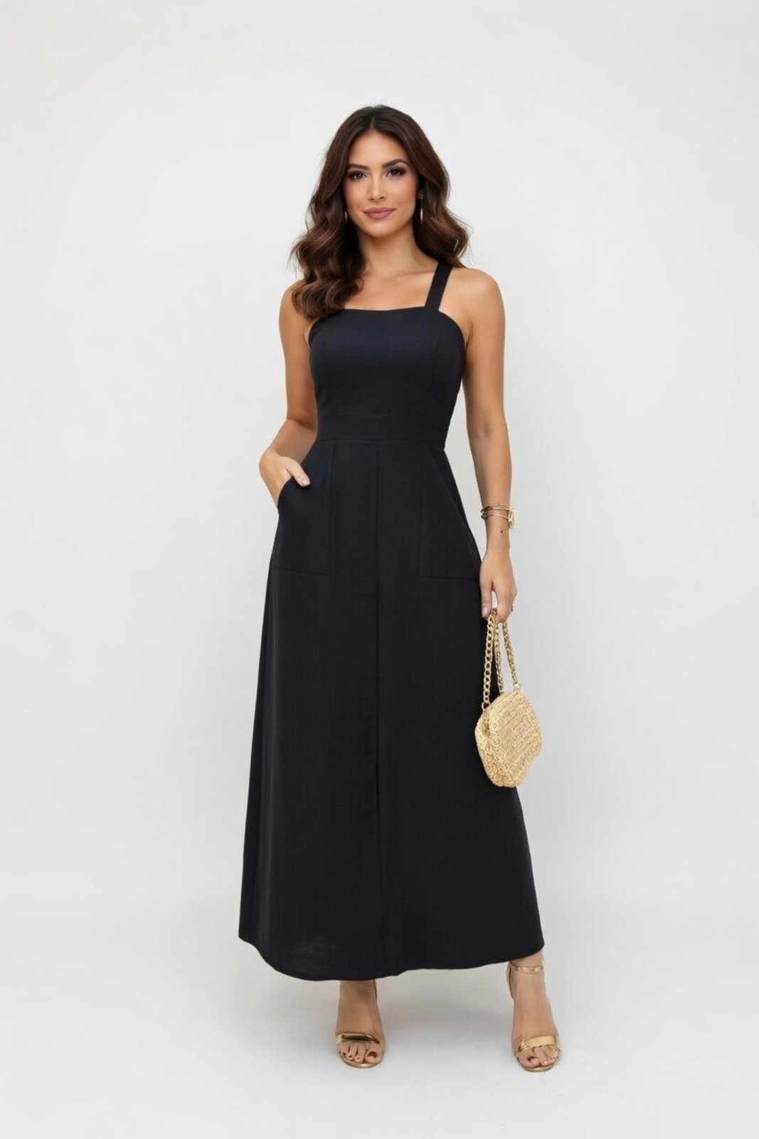 Vestido Longo D Bell Outlet Fashion Sensorial Bolso Preto