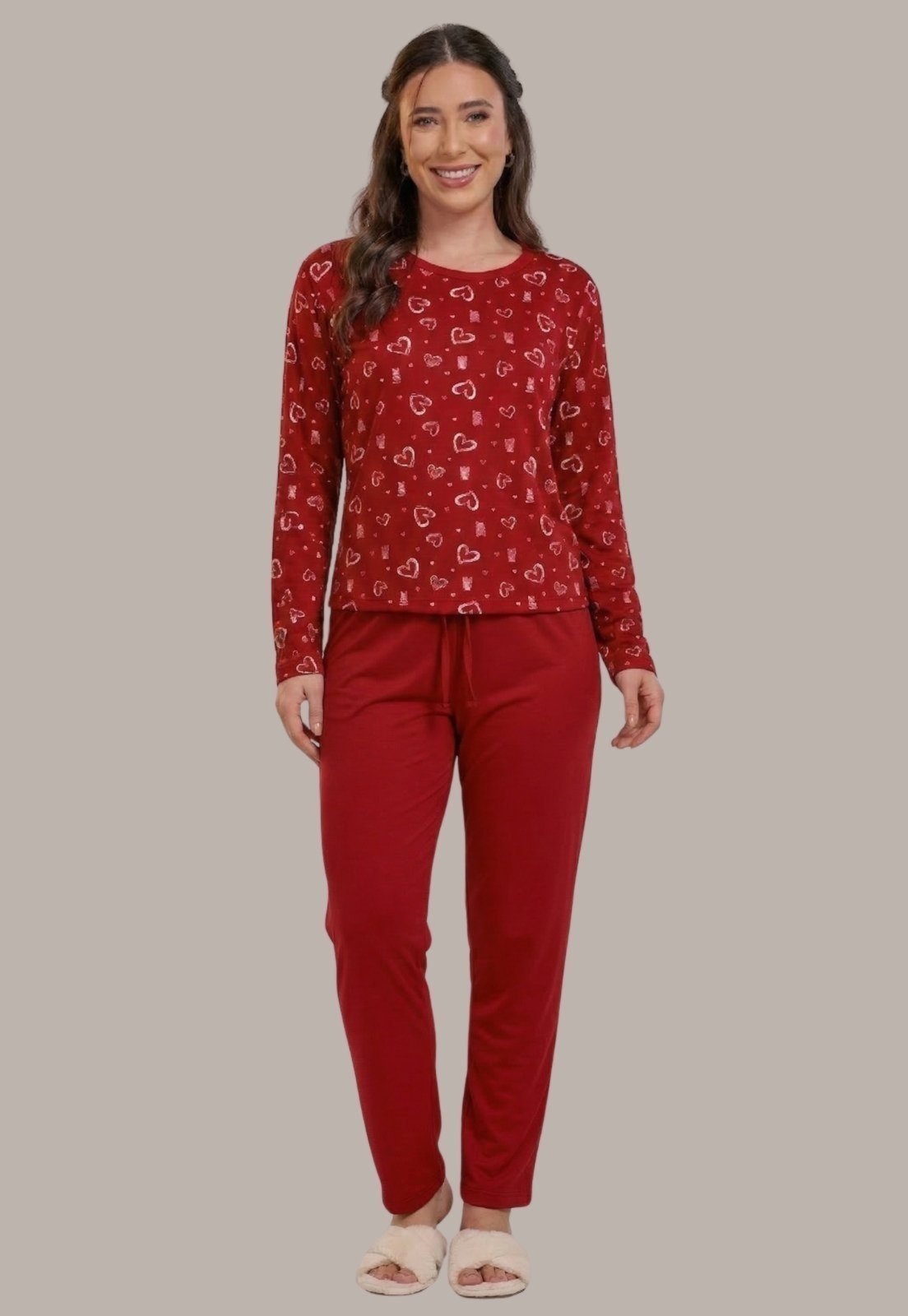 Pijama Feminino WLS Modas Calça Longa e Blusa Manga Longa Vermelho