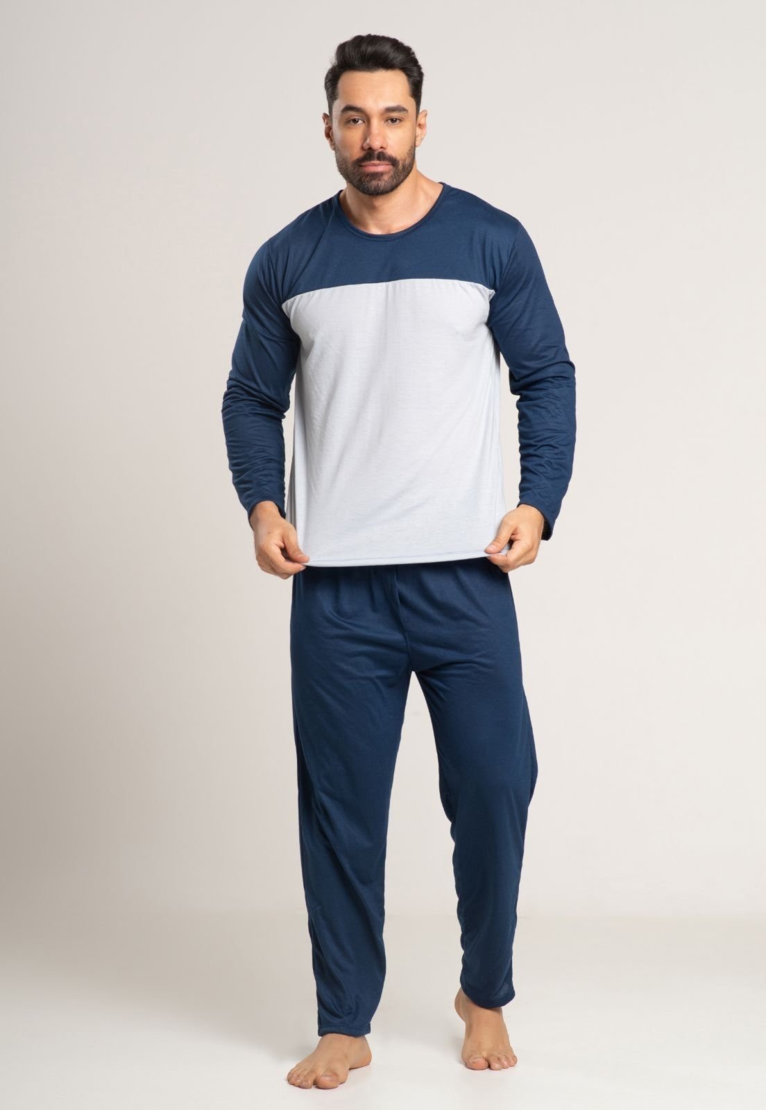 Pijama Bella Fiore Modas Masculino Manga Longa Azul