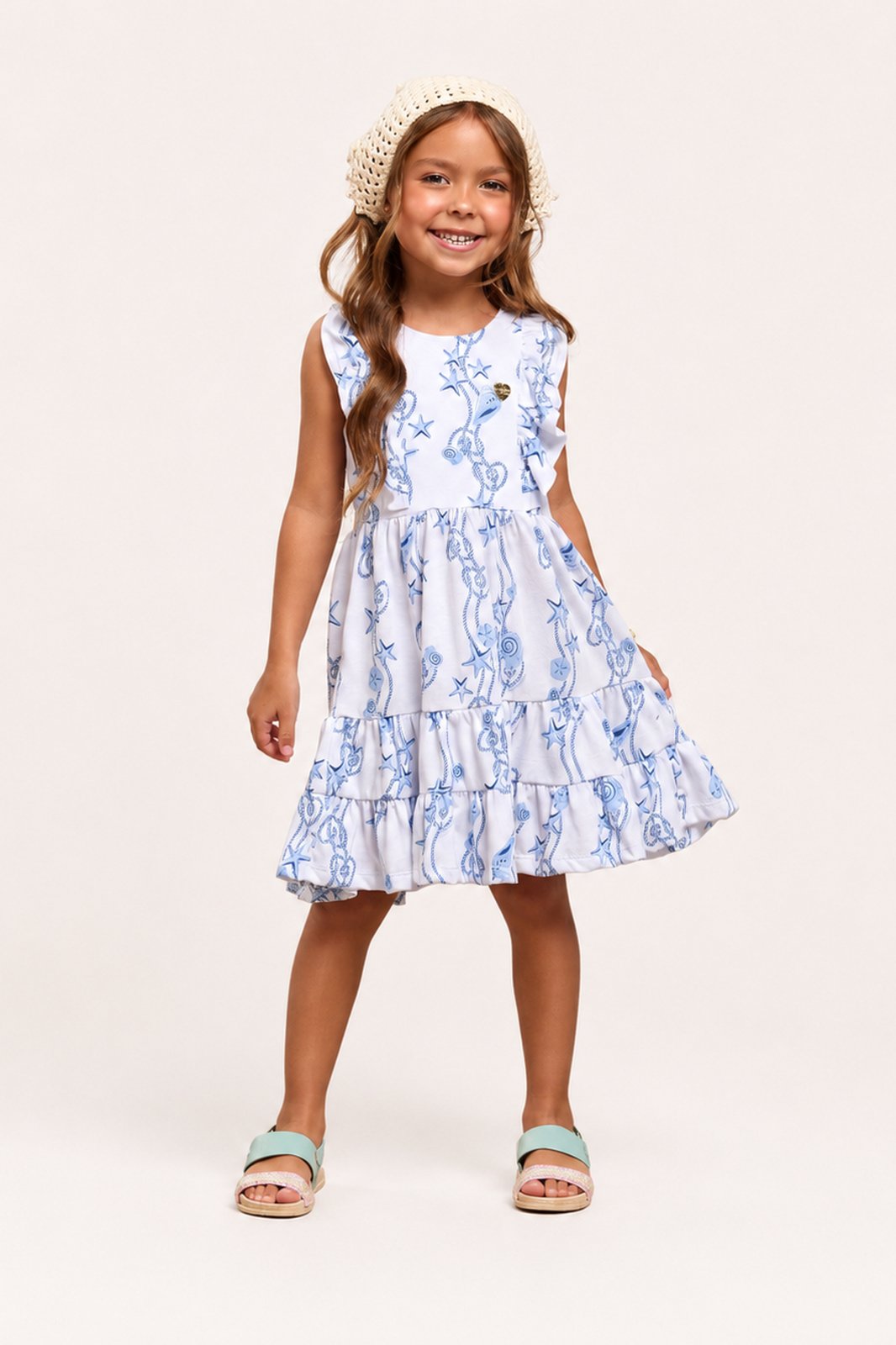 Infantil - Vestido Menina Midi Estampado com Babados Azul