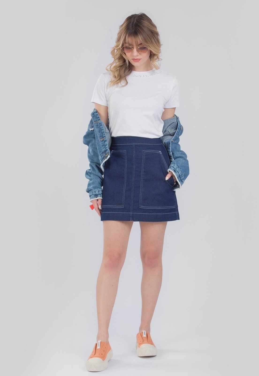 Saia Jeans Traymon Amaciada Marinho