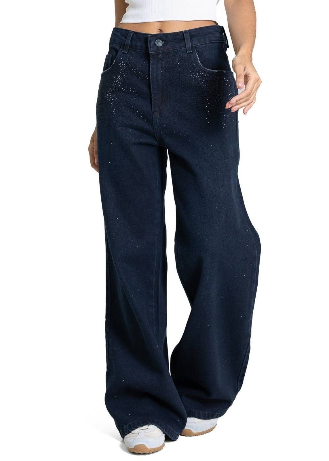 Calça Jeans Sawary Wide Leg Petit Brilho - 283750 - Azul - Sawary