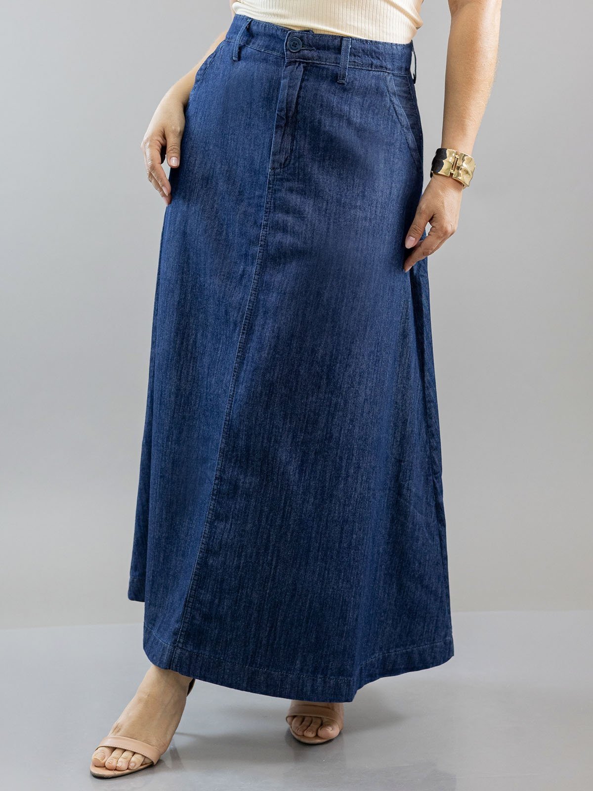 Saia Longa Feminina Evasê Jeans Soft Cintura Alta Anticorpus