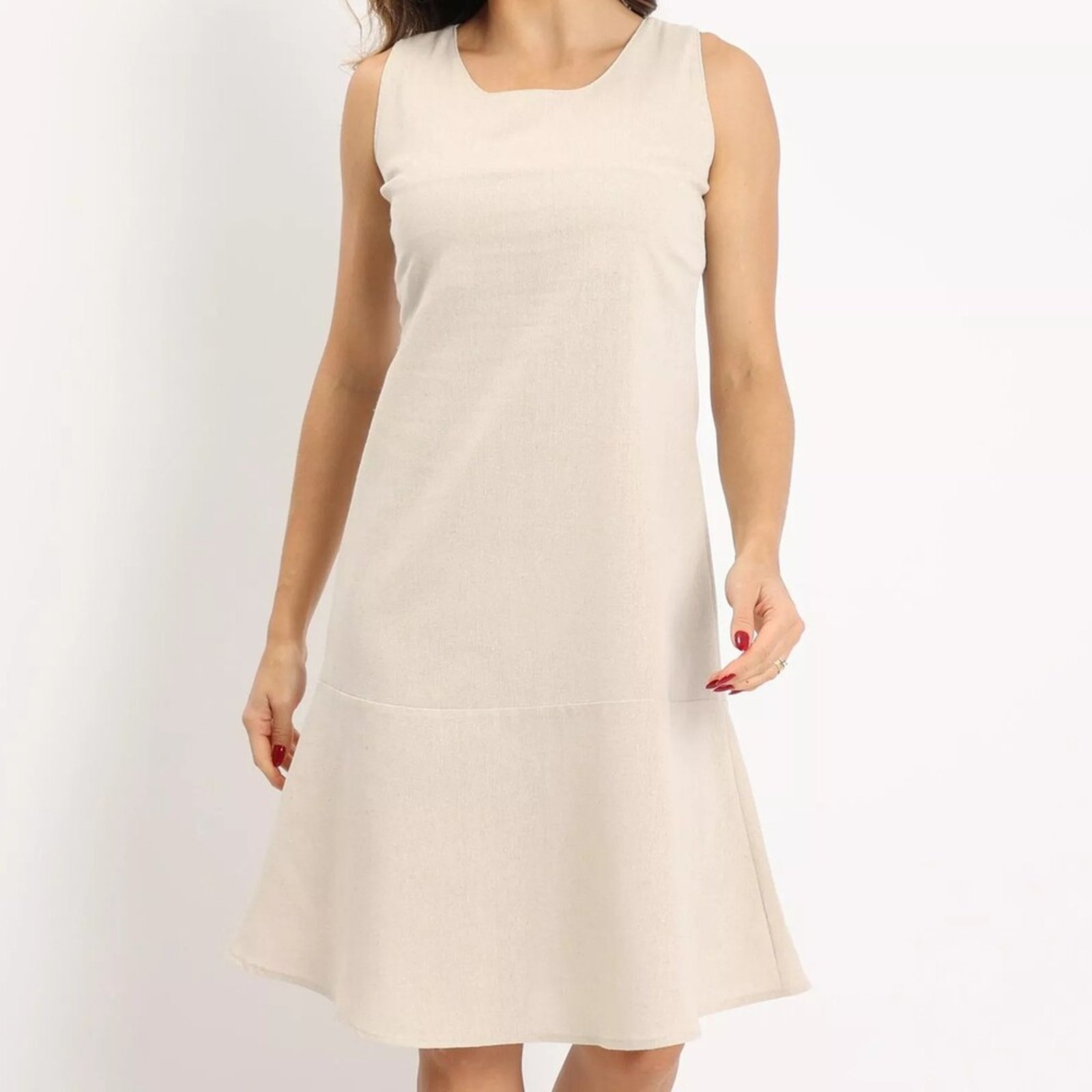 Vestido curto de linho com babado Bege