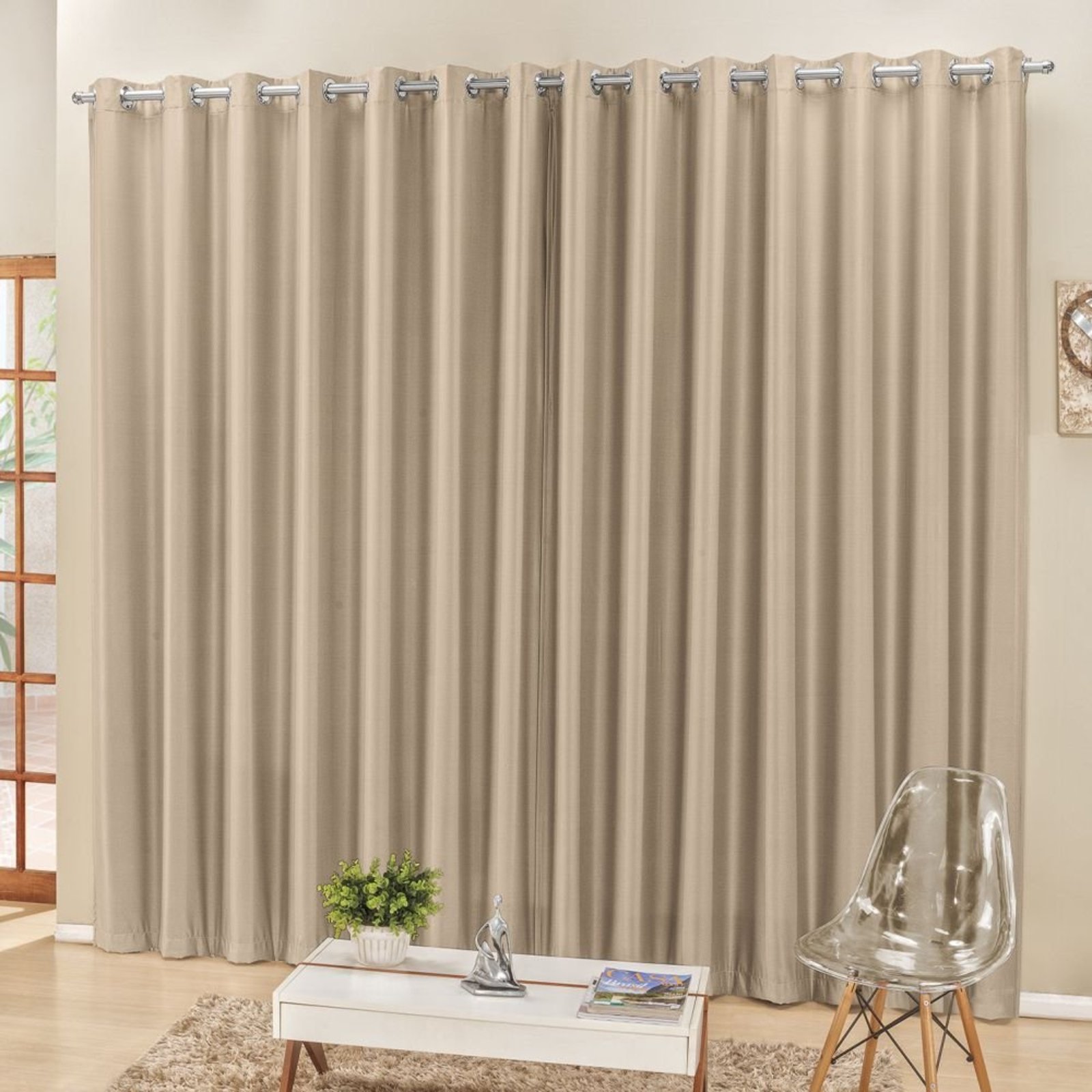 Cortina 2 Mts Sala Quarto Escritório Semiblackout para Trilho Comum - Bege - 100% Poliéster