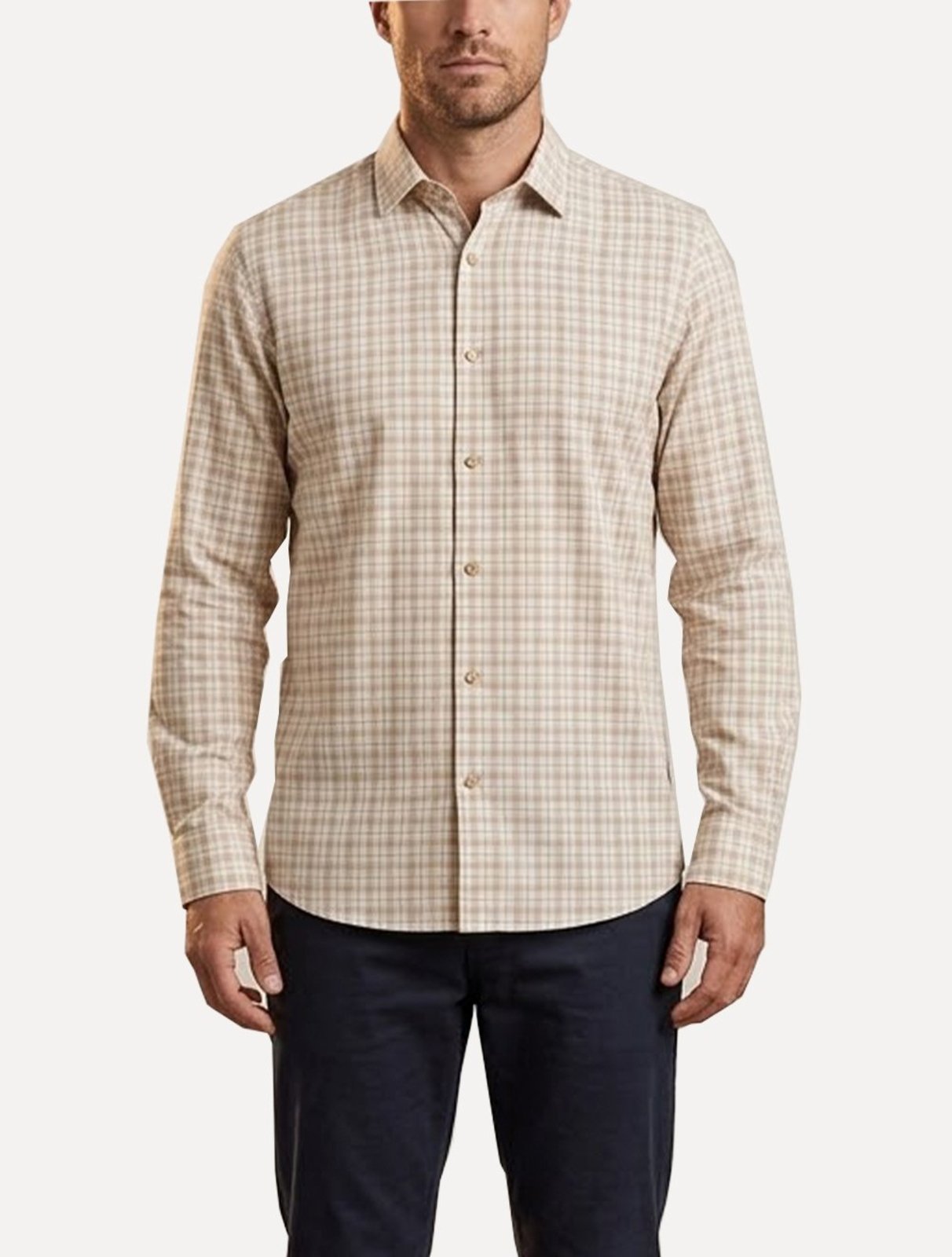 Camisa Dudalina Masculina Comfort Slub Cotton Xadrez Cáqui Claro