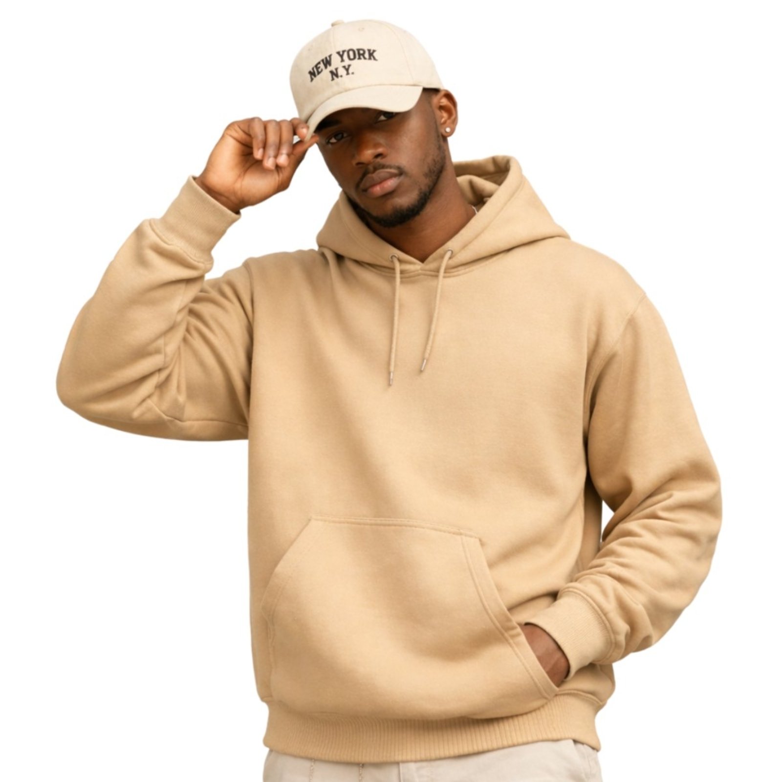 Kit Moletom Modelo Canguru Com Capuz Liso + Boné Aba Curva Masculino Bordado New York