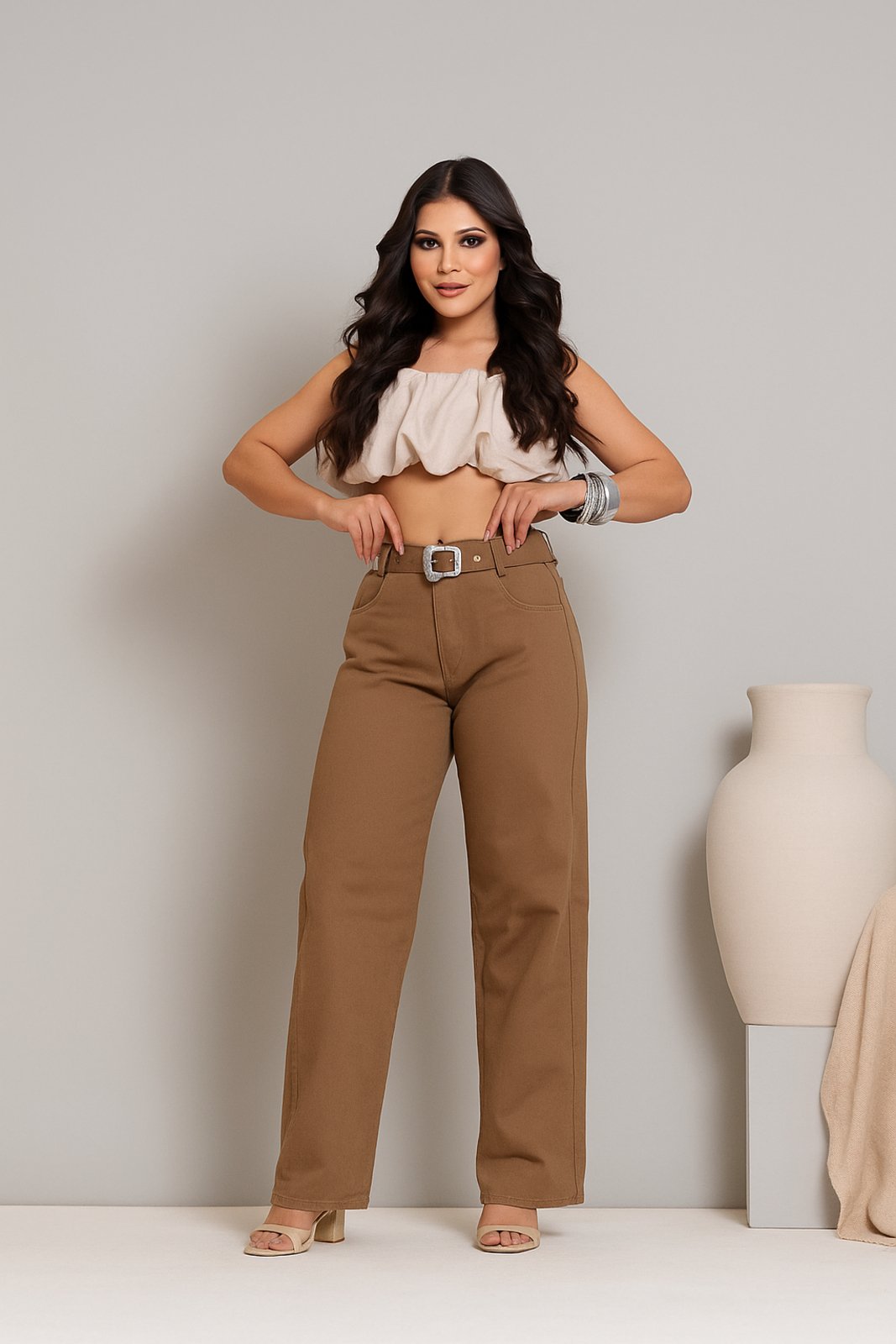 Calça Jeans Feminina D Bell Outlet Fashion Wide Leg Com Cinto Marrom