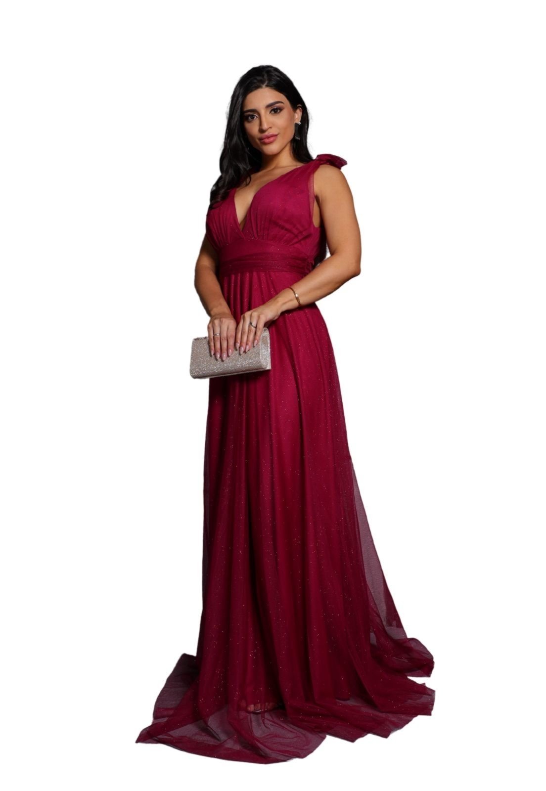 Vestido Longo de Festa Micro Tule com Brilho Madrinhas Decote em V Greice Fúcsia