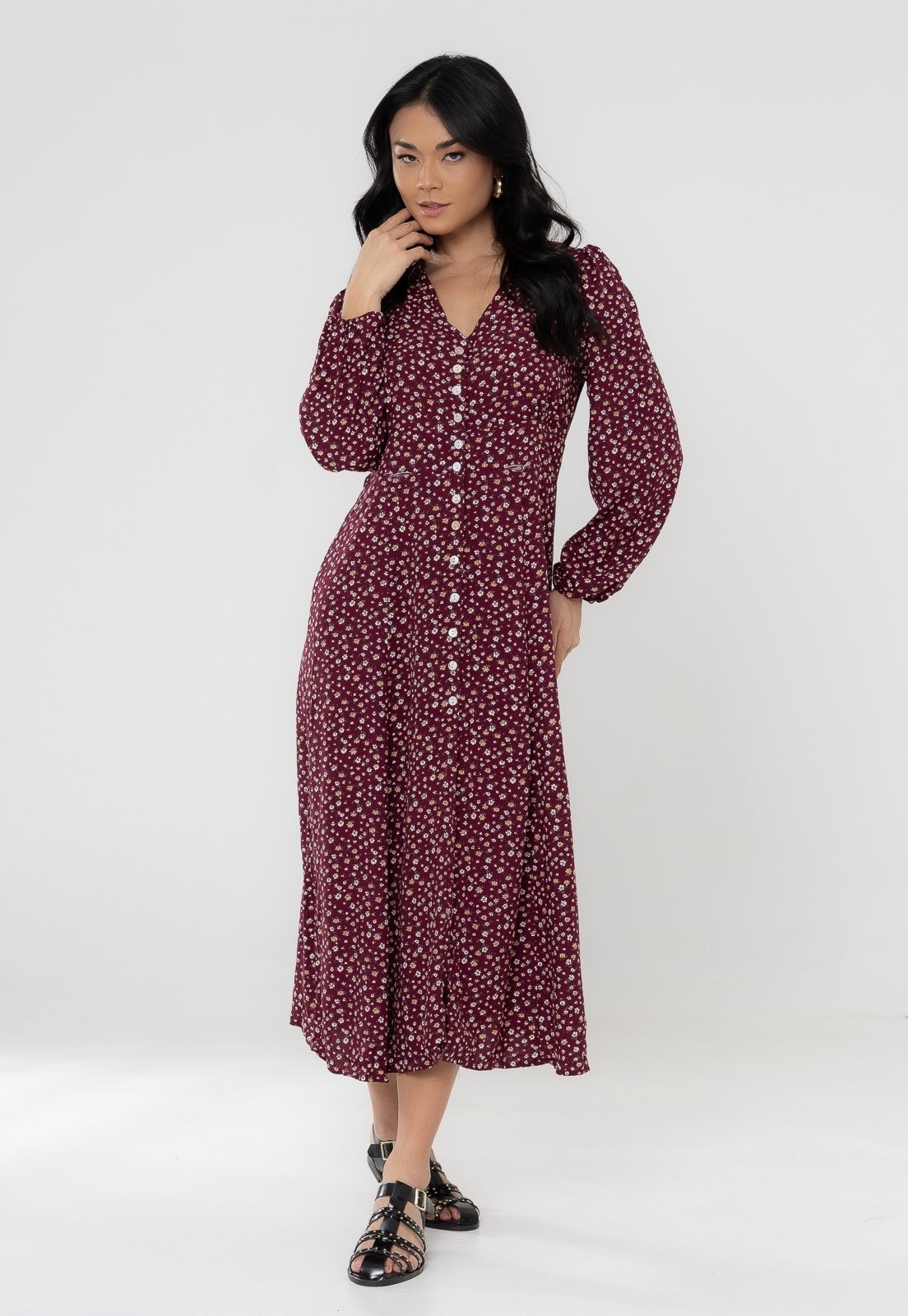 Vestido Aura Mônica Manga Longa Floral Vinho
