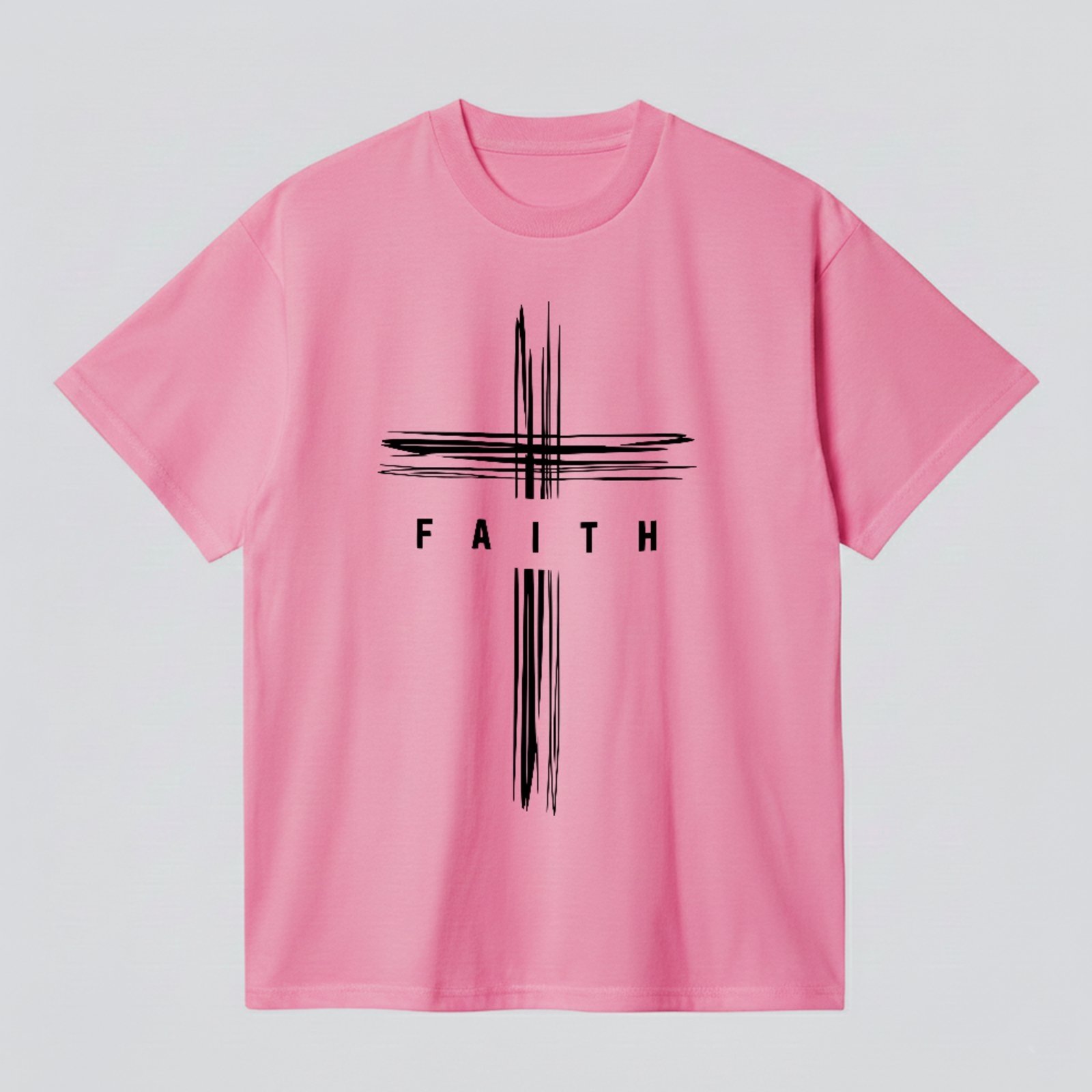 Camiseta Básica Faith Cruz Minimalista Estilo Gospel Moderno Rosa