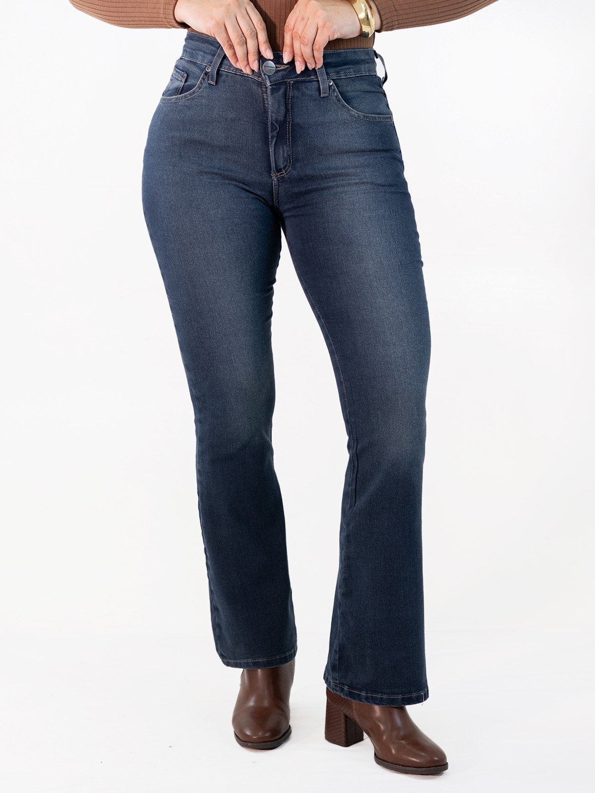 Calça Feminina Escura Flare Petit Jeans Cintura Alta Anticorpus