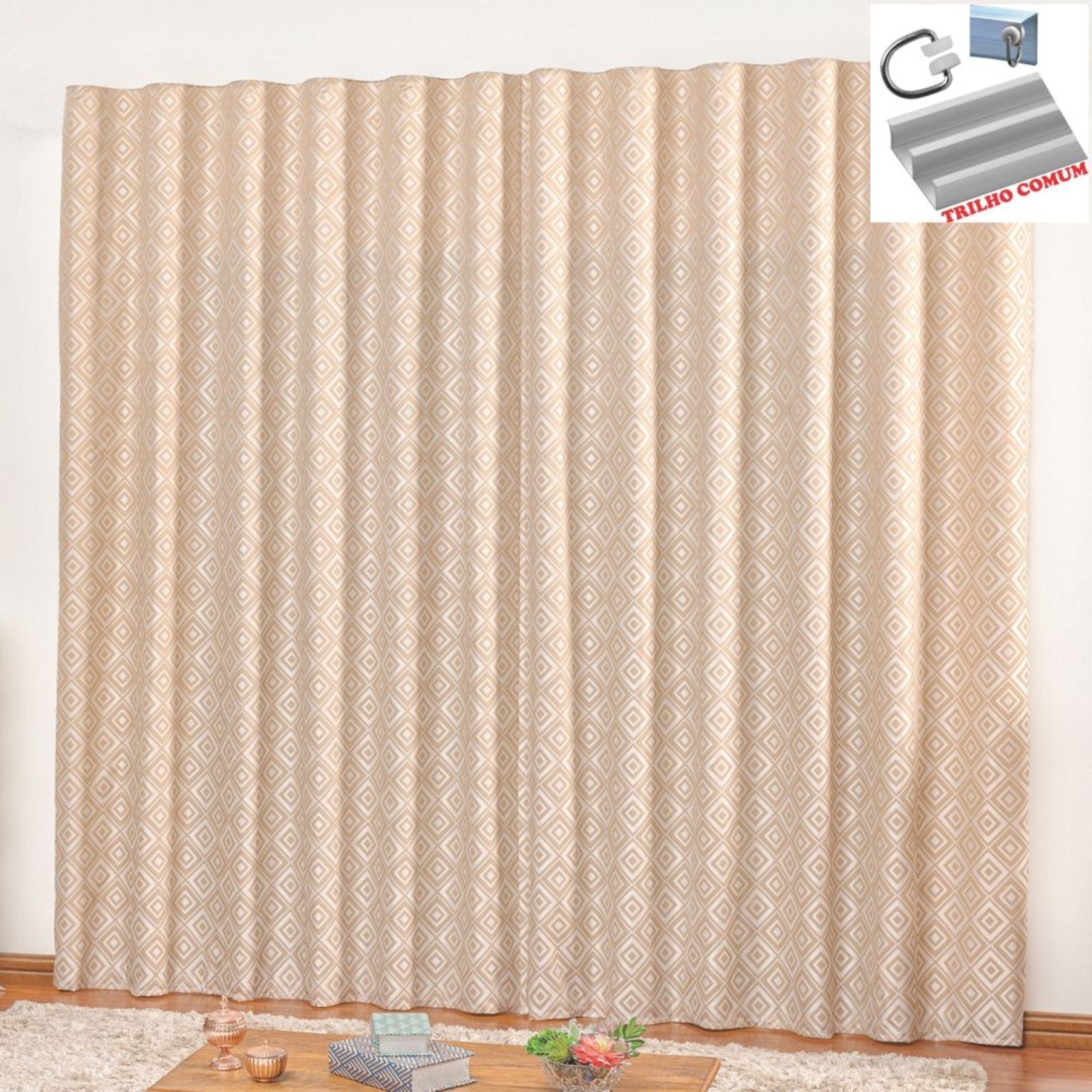 Cortina em Jacquard Bahamas 3,00 x 2,70 Para Trilho Comum - Bege - 100% Poliéster
