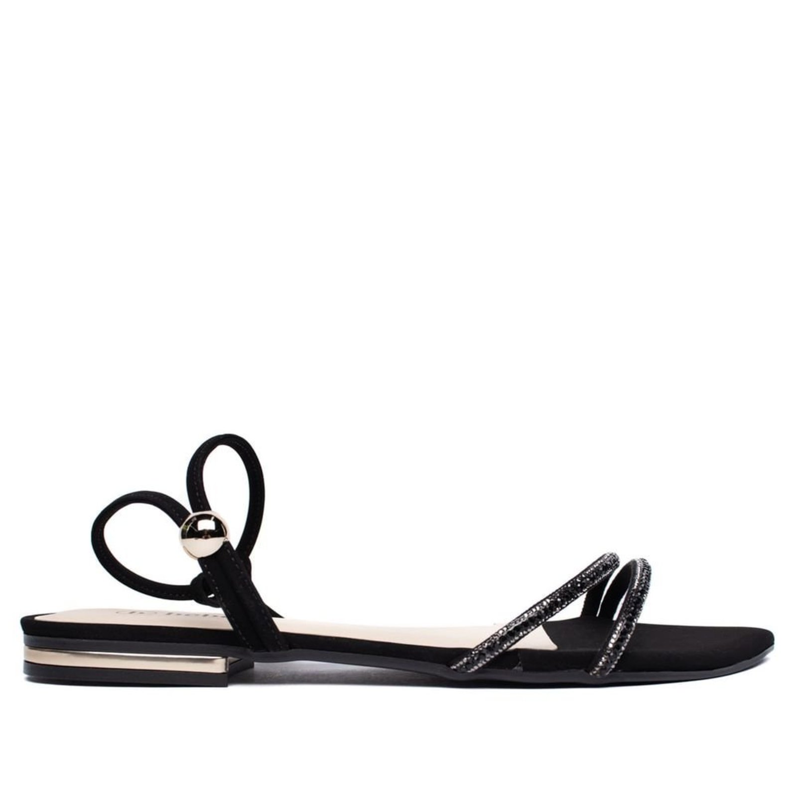Sandália Feminina cê Rasteira Nobuck Strass Preto