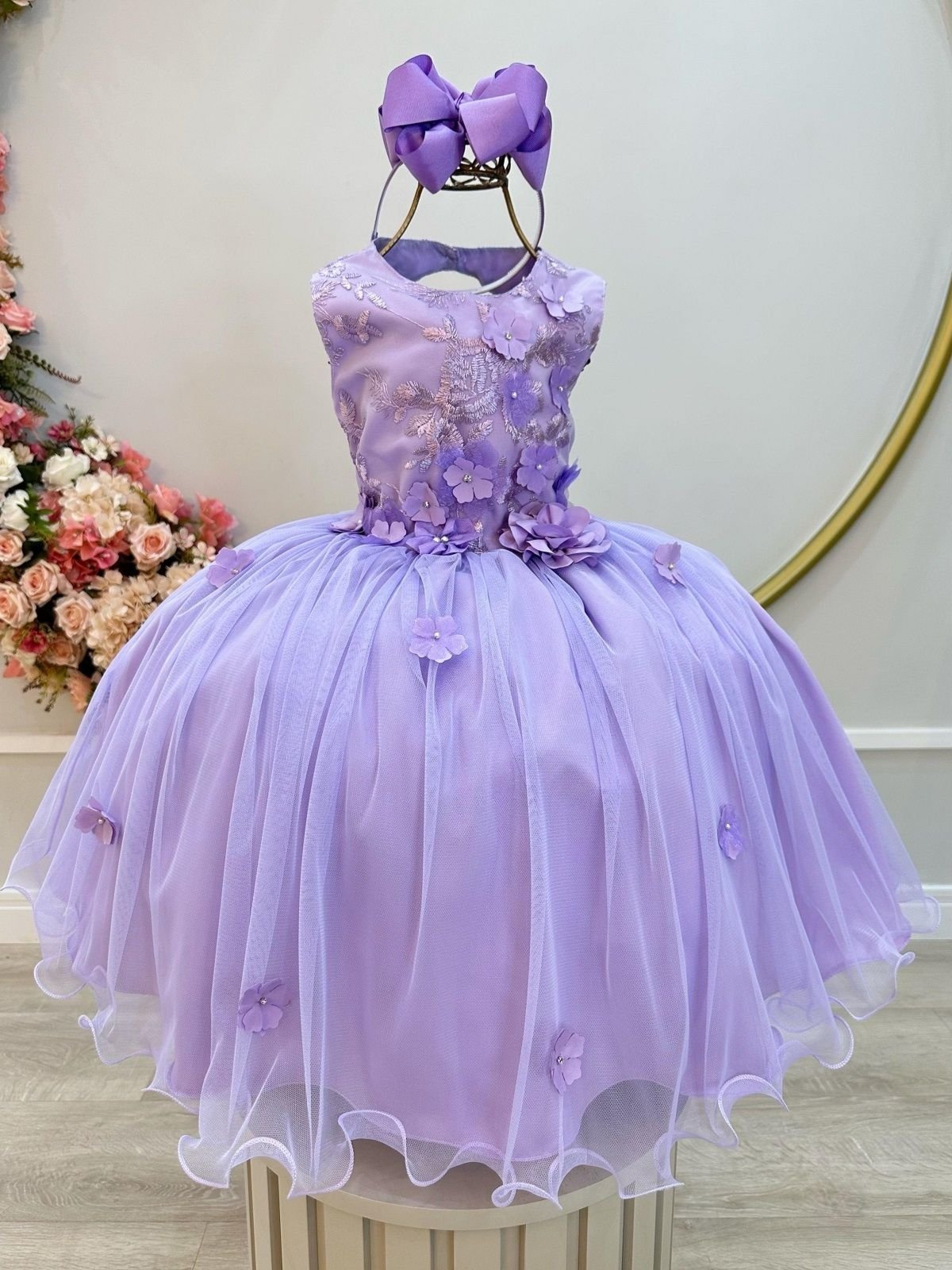 Infantil - Vestido Festa Lilás Lavanda Flores Formatura Florista Casamento Renda Dama Daminha Social Menina Juvenil Pérolas Princesa Rodado Aniversário Luxo