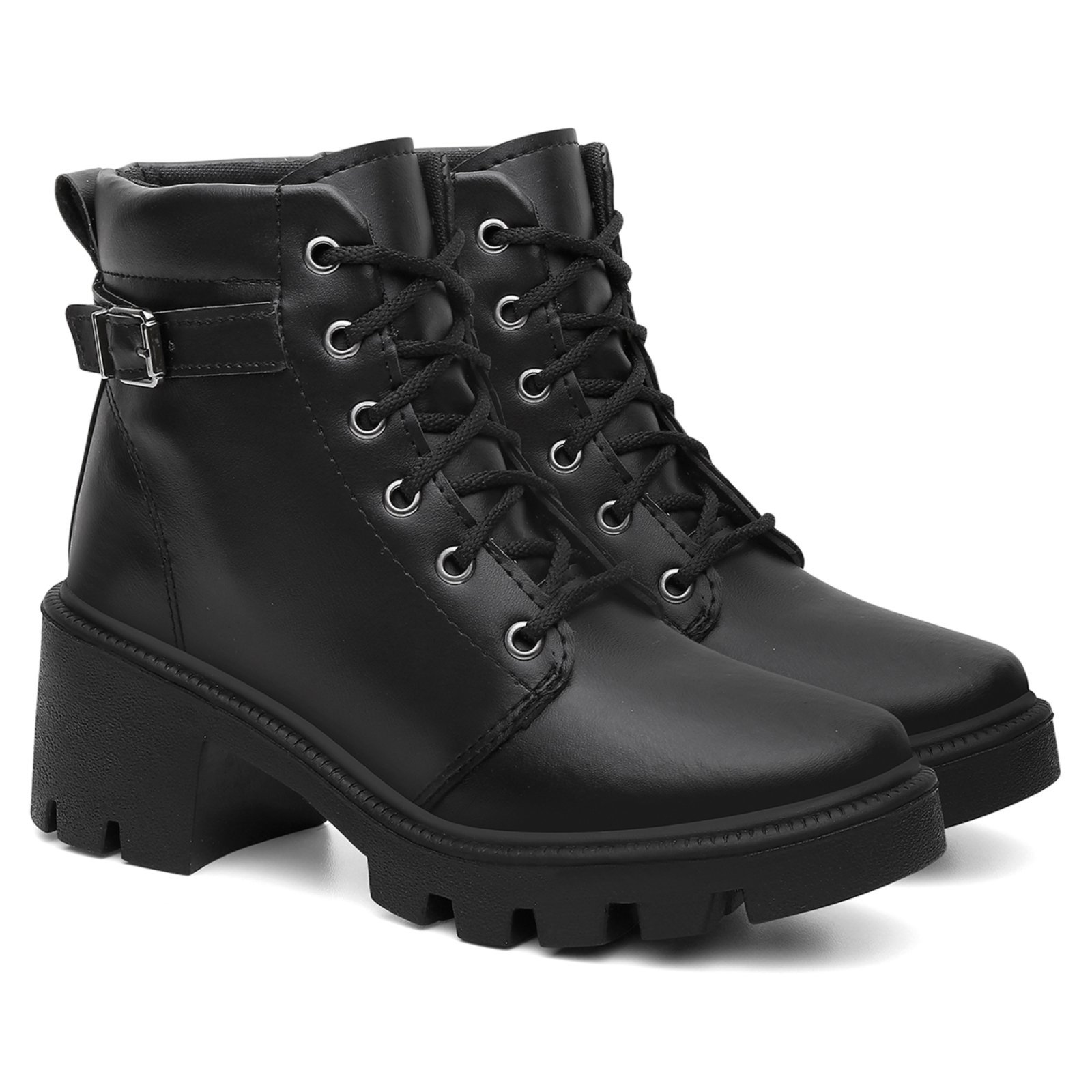 Coturno Feminino Casual Veritimo Bota Salto Grosso Cano Baixo Fivela Conforto Moda Preto
