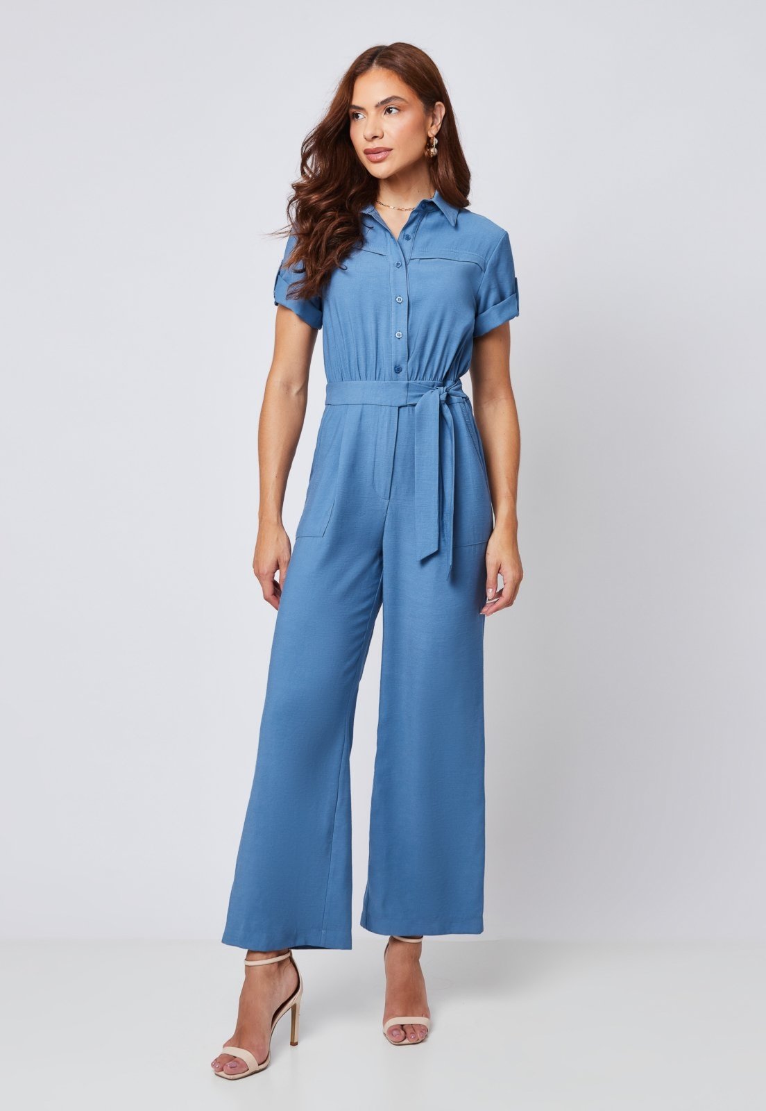 Macacão Utilitário Miss Joy 8124 Alfaiataria Azul Jeans