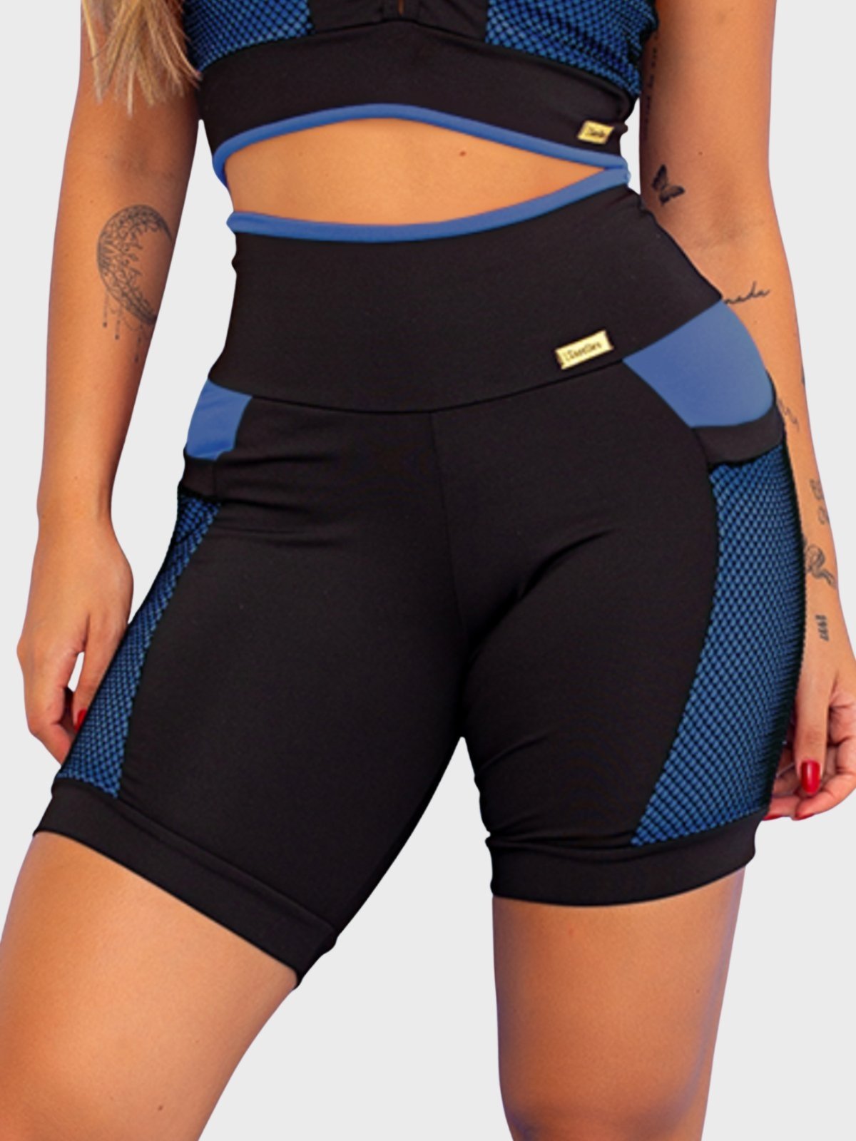 Short Fitness Tarelles Cintura Alta Bolso Tela Preto e Azul