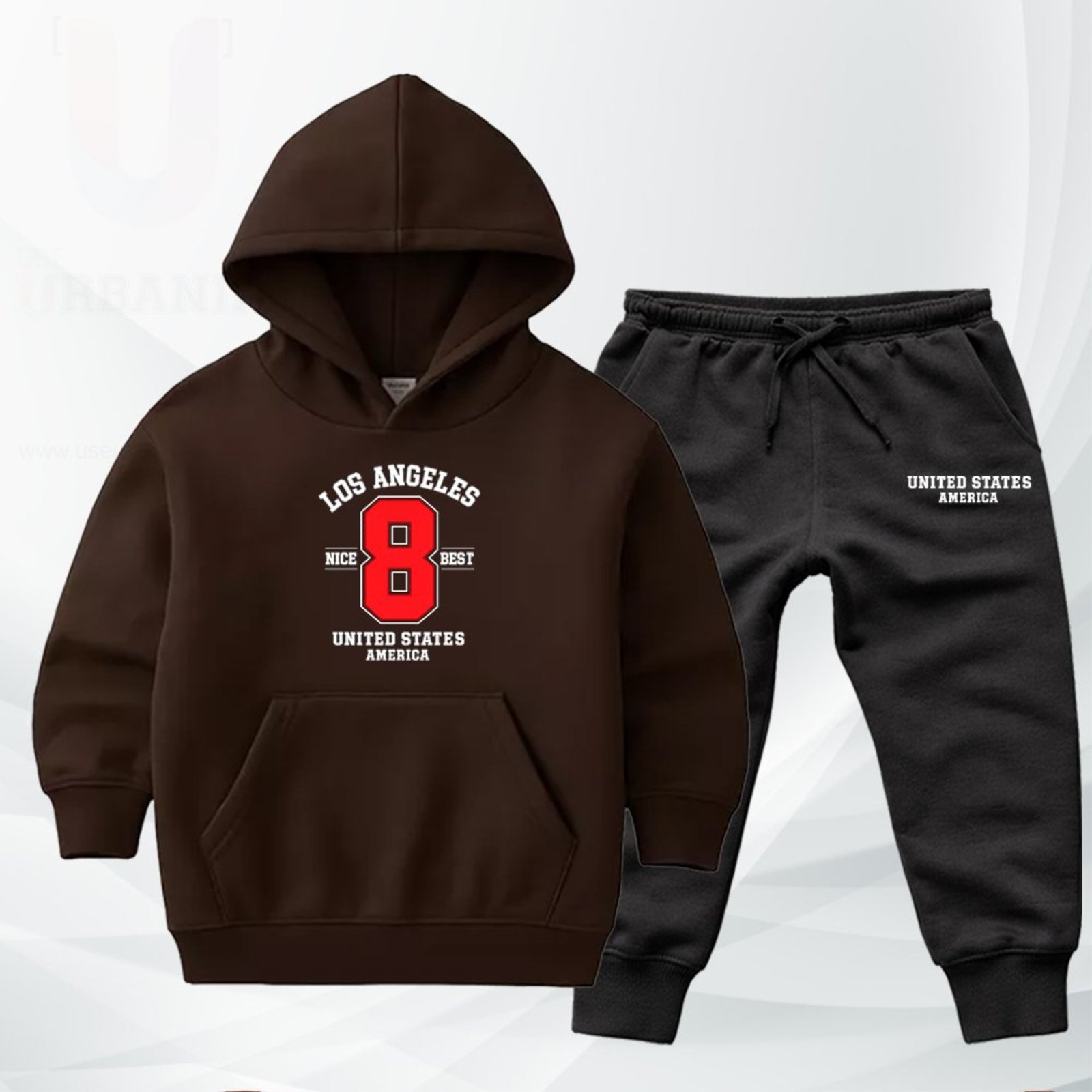 Infantil - Conjunto Moletom Urbania Moleton escola Canguru Fechado com Bolso e Capuz Cinza Claro Mescla estampa Los Angeles Nice Best United states america